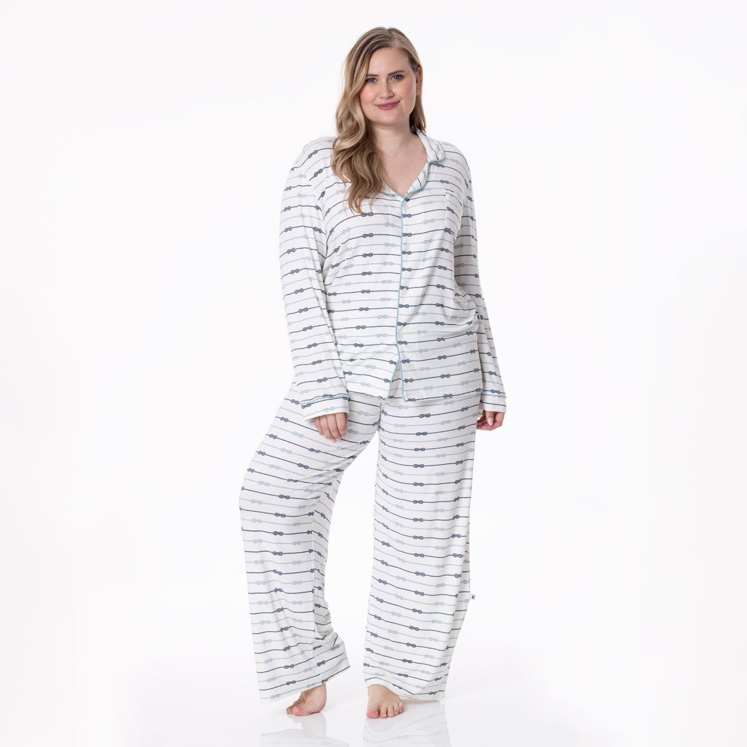 Women's Print Long Sleeve Collared Pajama Set in Natural Boat Rope