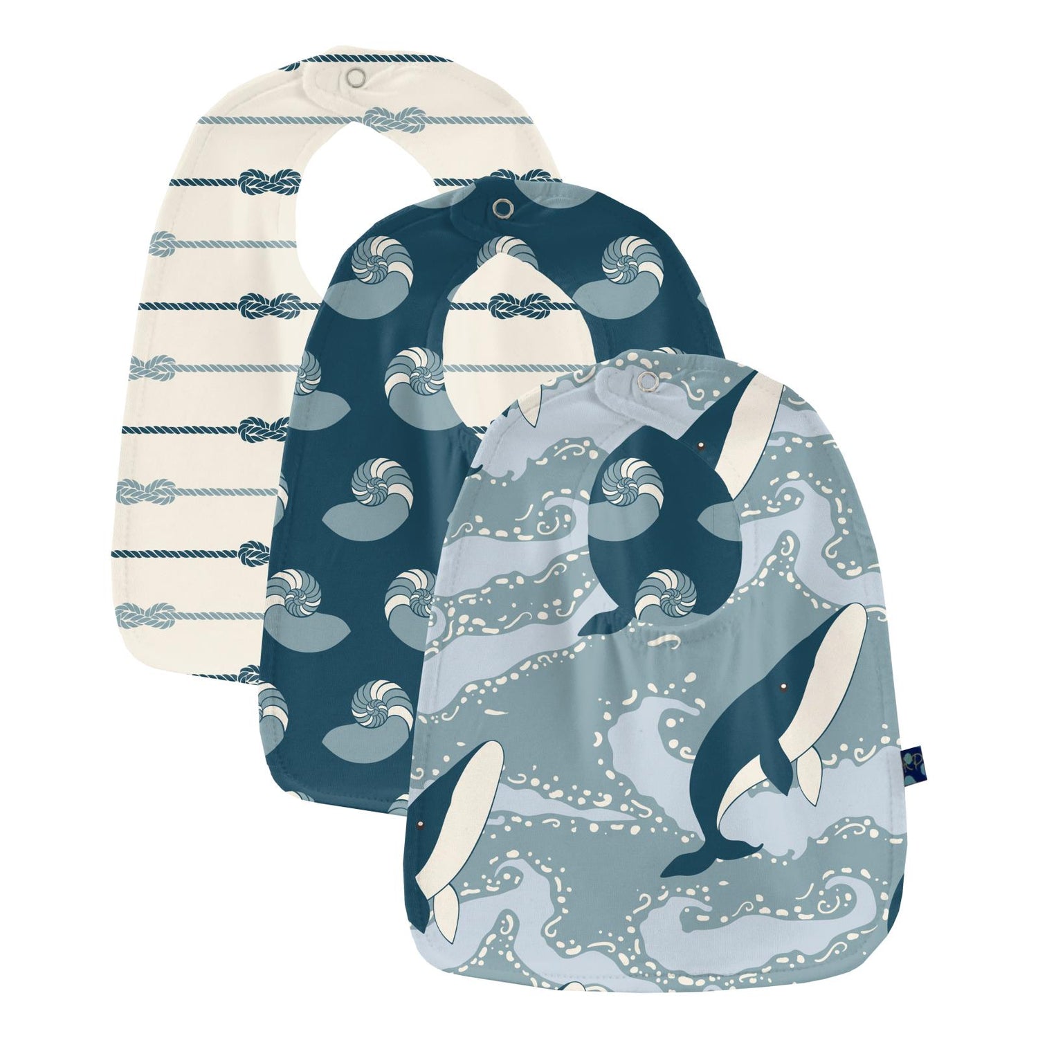 Print Bib Set of 3 in Stormy Sea Splashing Whales, Peacock Nautilus & Natural Boat Rope