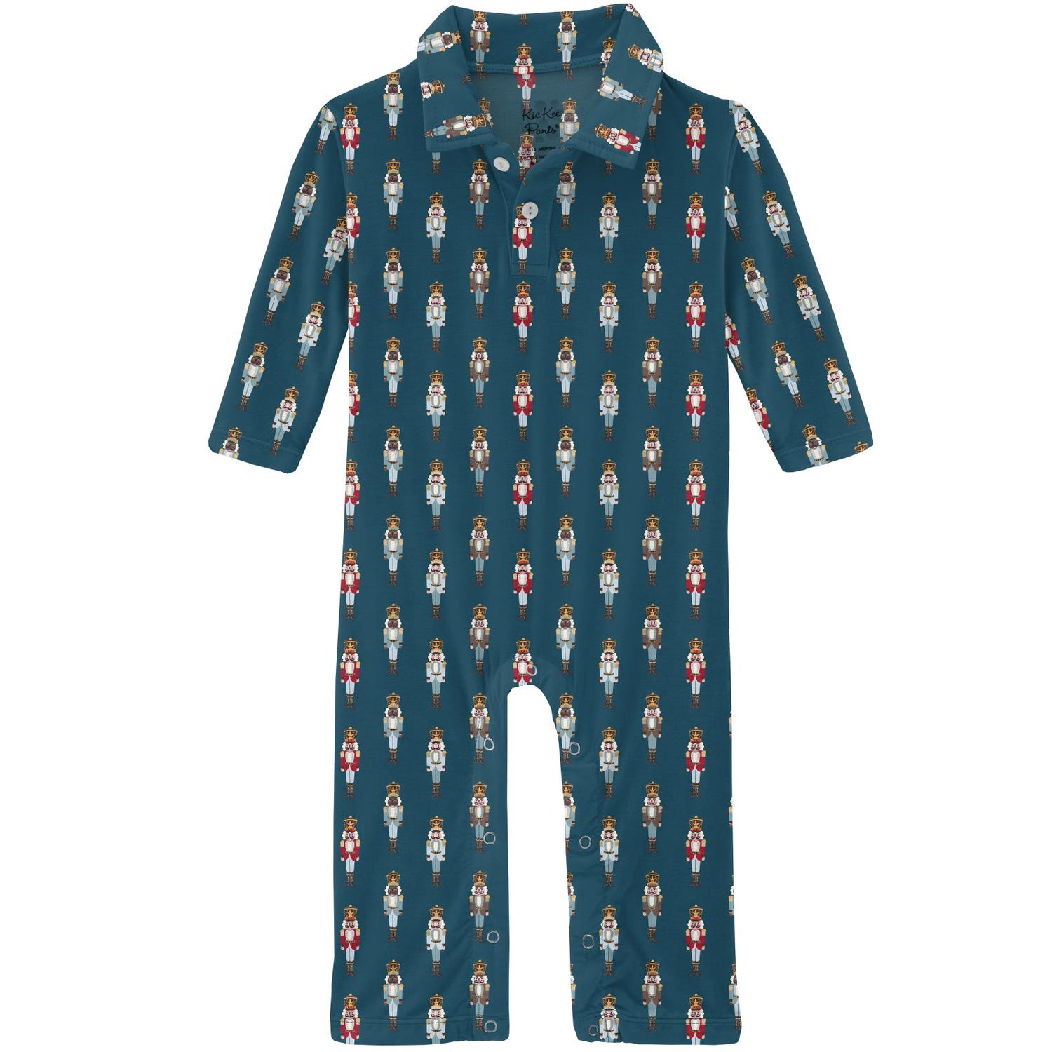 Print Long Sleeve Polo Romper in Peacock Nutcrackers