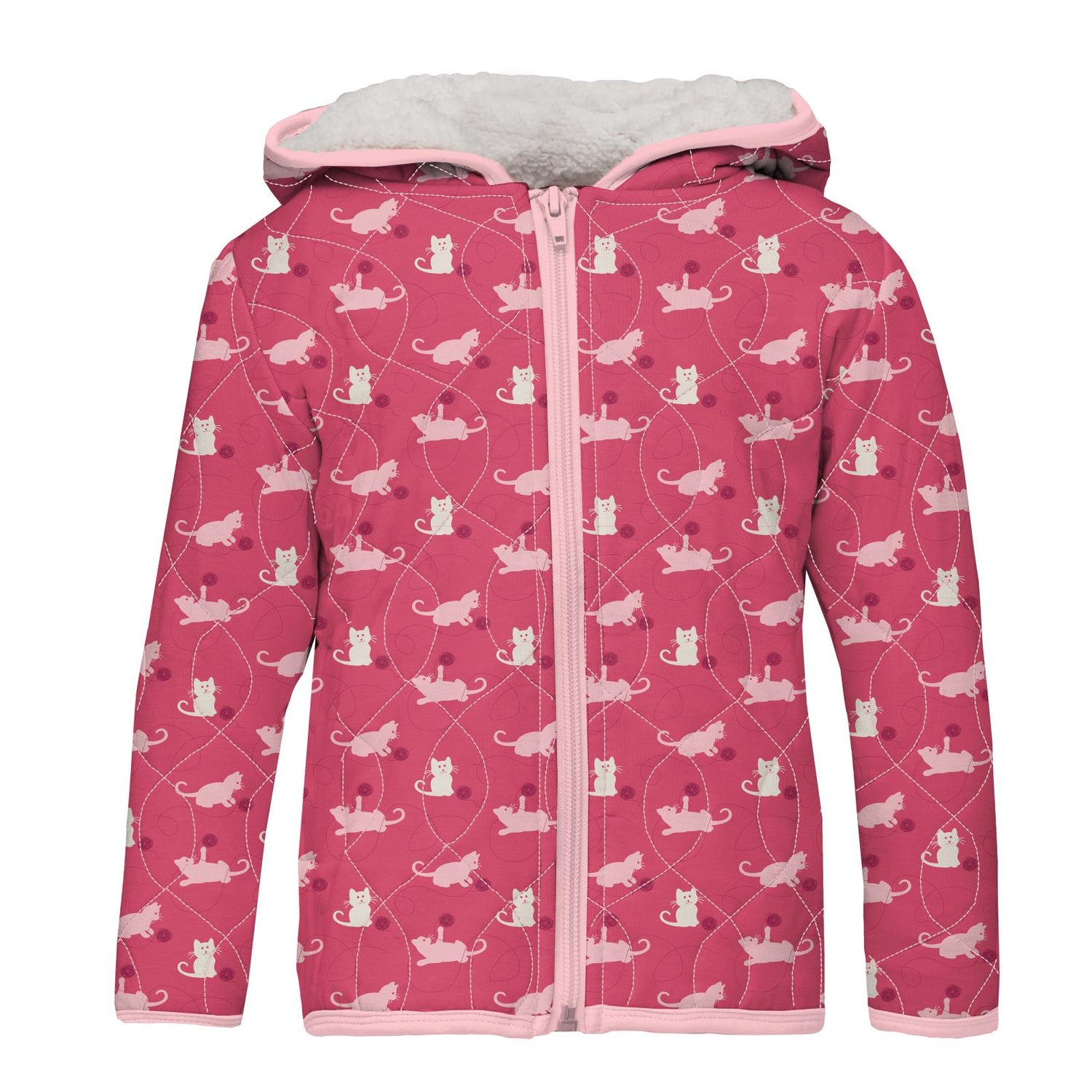 Print Quilted Jacket with Sherpa-Lined Hood in Winter Rose Kitty/Natural Buds