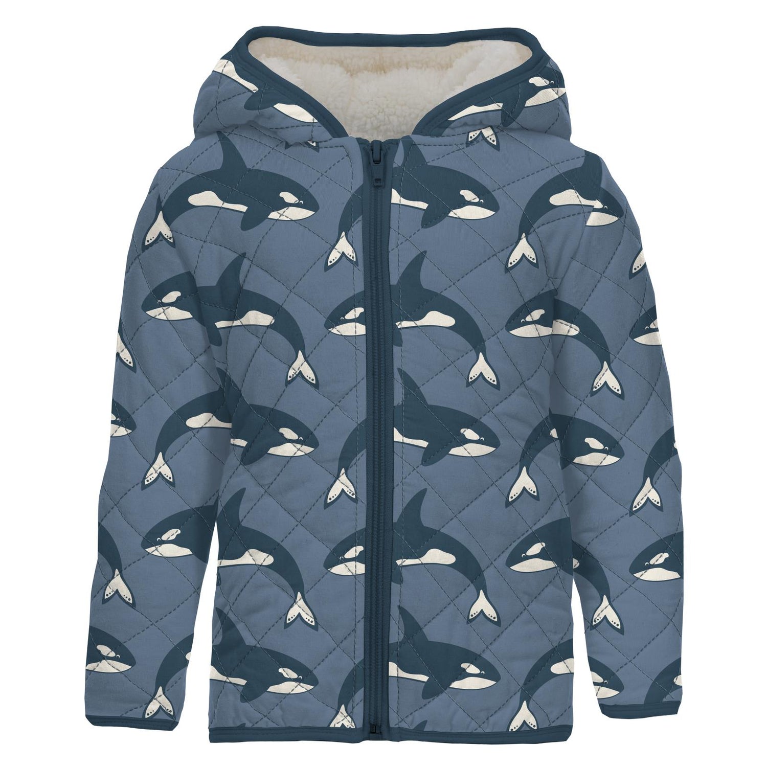 Print Quilted Jacket with Sherpa-Lined Hood in Parisian Blue Orca/Dino Stripe