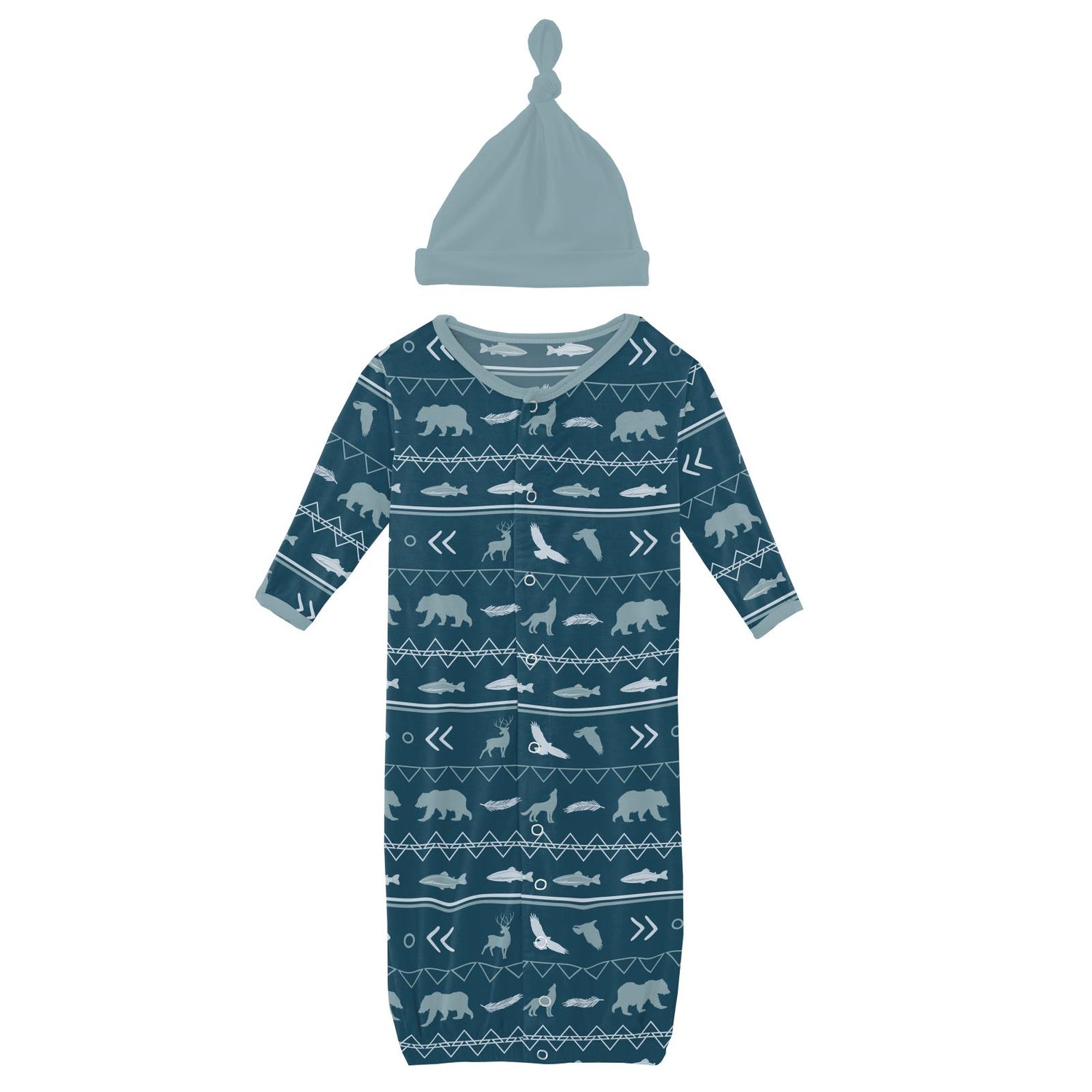 Print Layette Gown Converter & Single Knot Hat Set in Peacock Native Tribal Lore