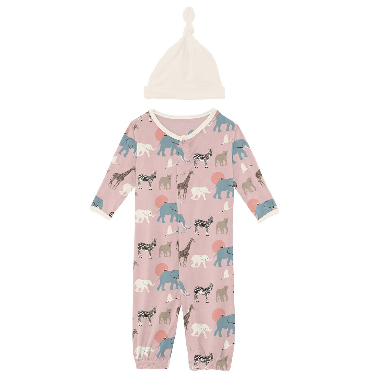 Print Layette Gown Converter & Single Knot Hat Set in Baby Rose Just So Animals