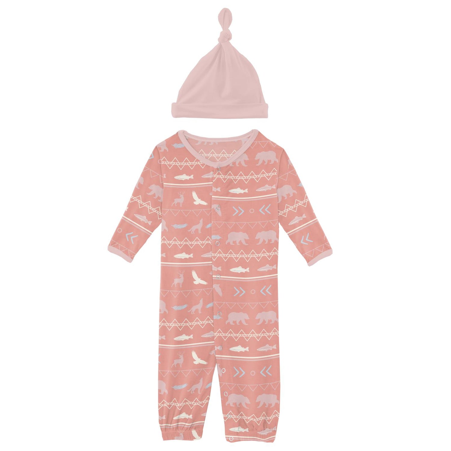 Print Layette Gown Converter & Single Knot Hat Set in Blush Native Tribal Lore