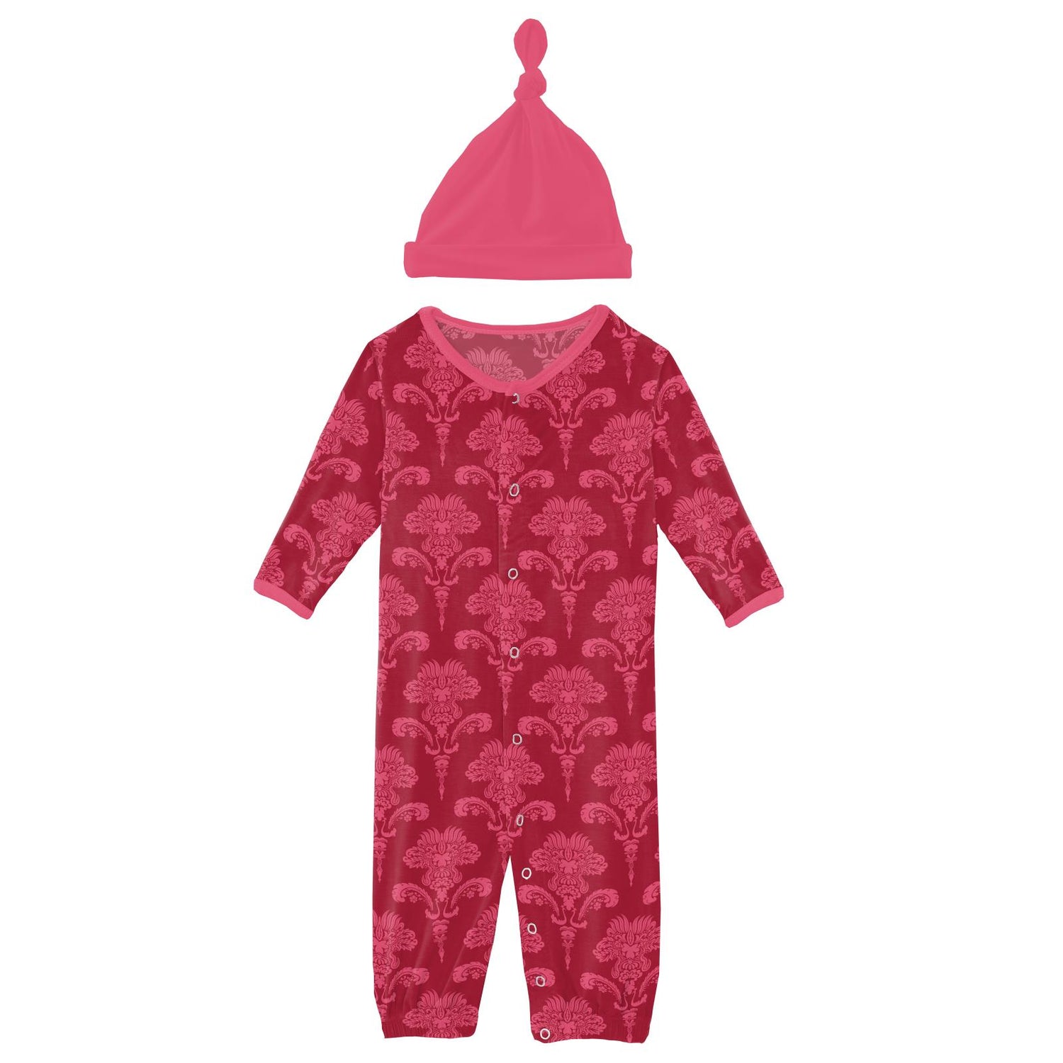 Print Layette Gown Converter & Single Knot Hat Set in Crimson Damask