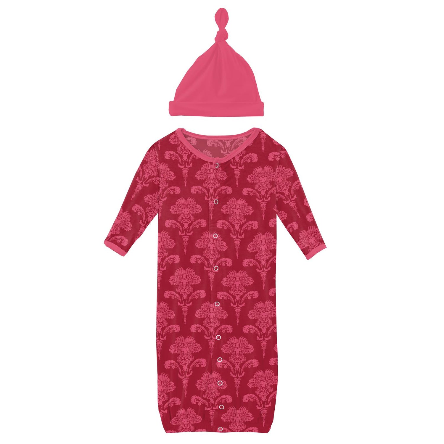 Print Layette Gown Converter & Single Knot Hat Set in Crimson Damask