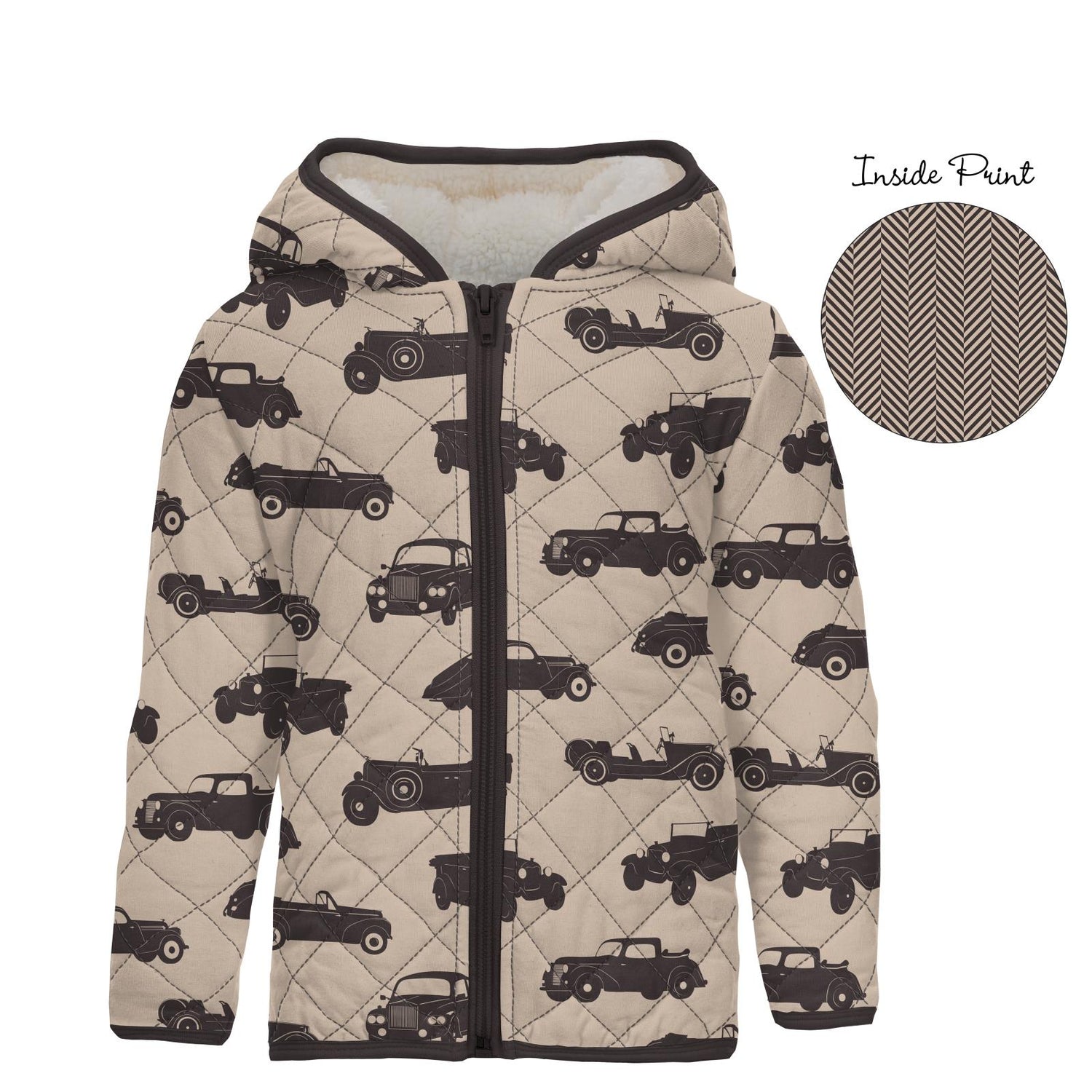 Print Quilted Jacket with Sherpa-Lined Hood in Burlap Vintage Cars/Herringbone (236015)