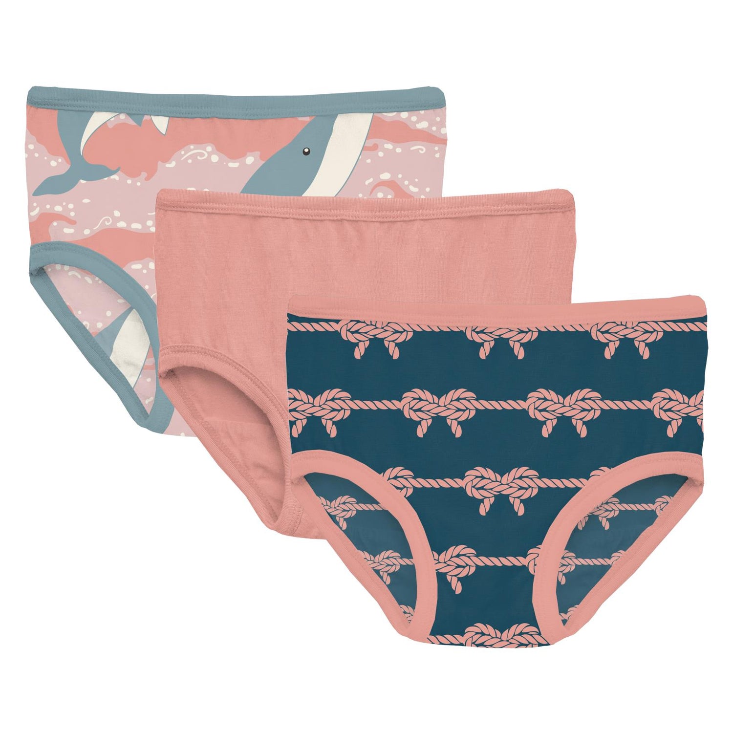 Print Girl's Underwear Set of 3 in Baby Rose Splashing Whales, Blush & Peacock Boat Rope Bows