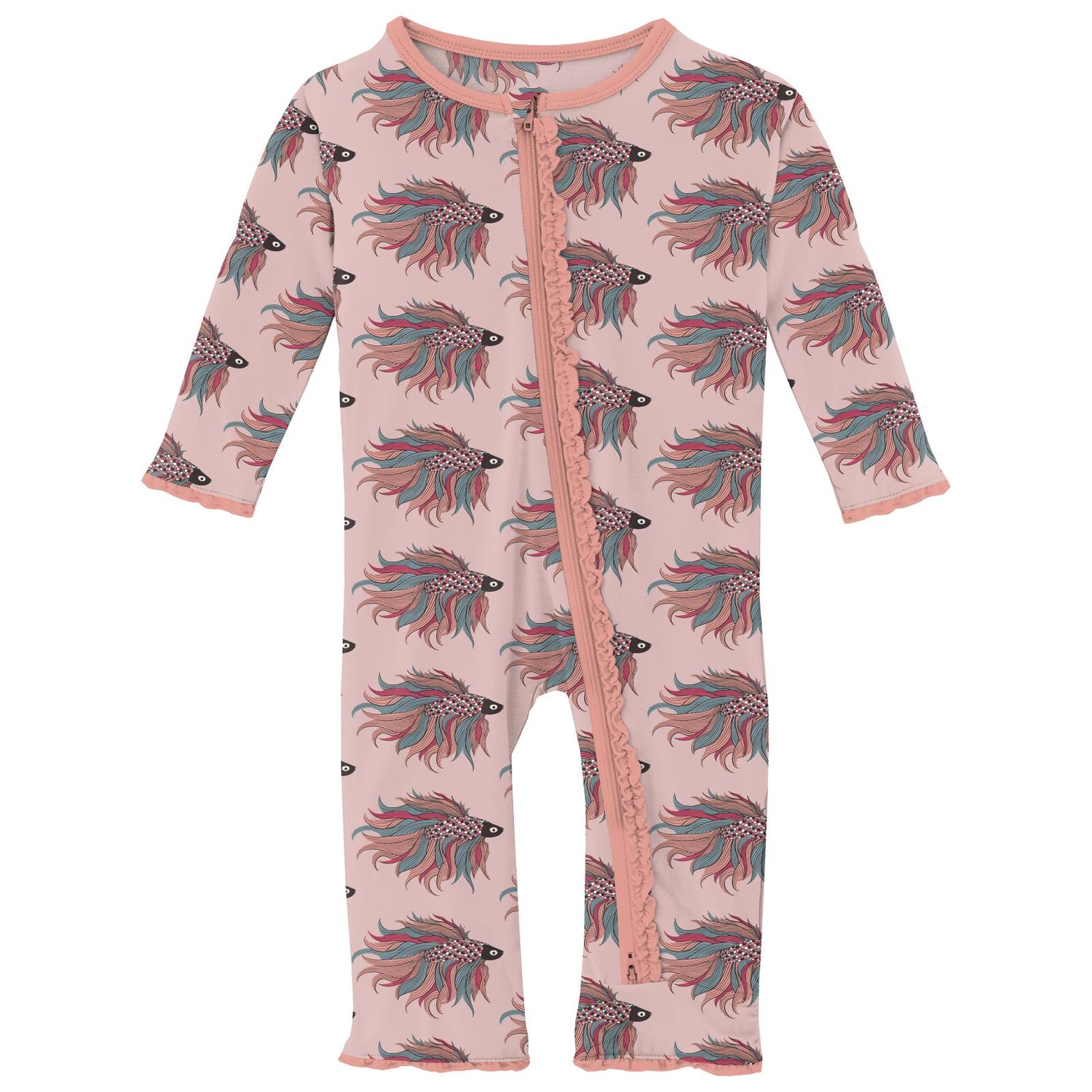 Print Muffin Ruffle Coverall with 2 Way Zipper in Baby Rose Rainbow Fish