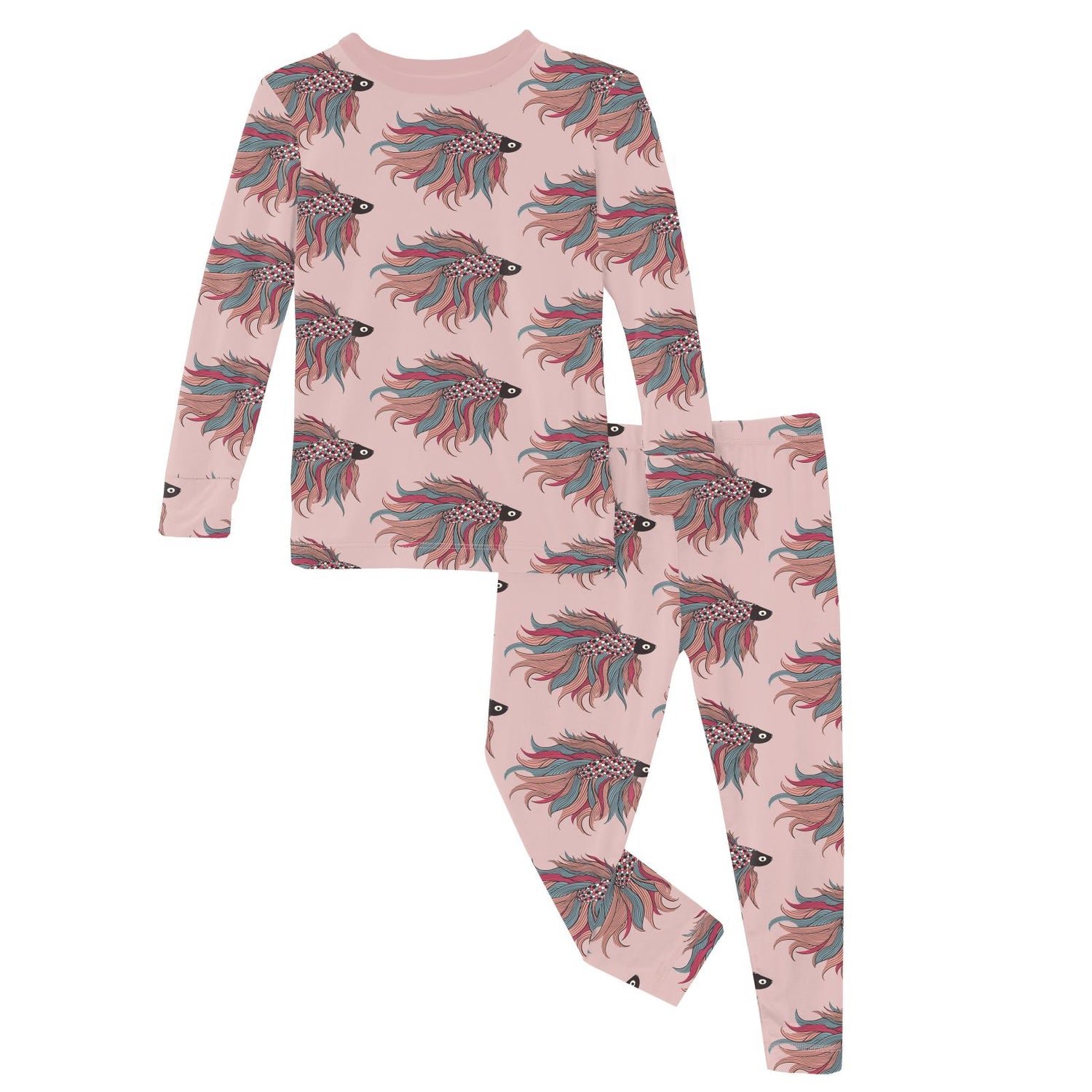 Print Long Sleeve Pajama Set in Baby Rose Rainbow Fish