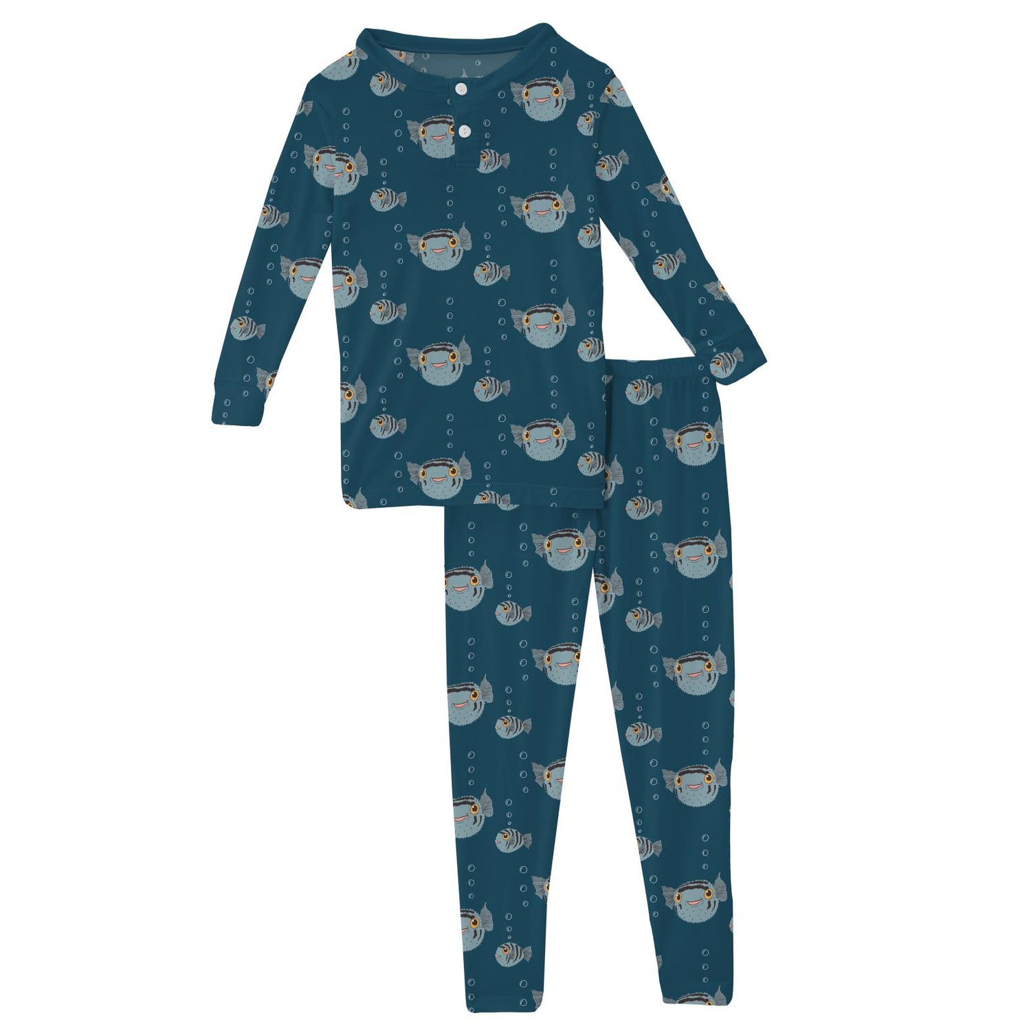 Print Long Sleeve Henley Pajama Set in Peacock Puffer Family