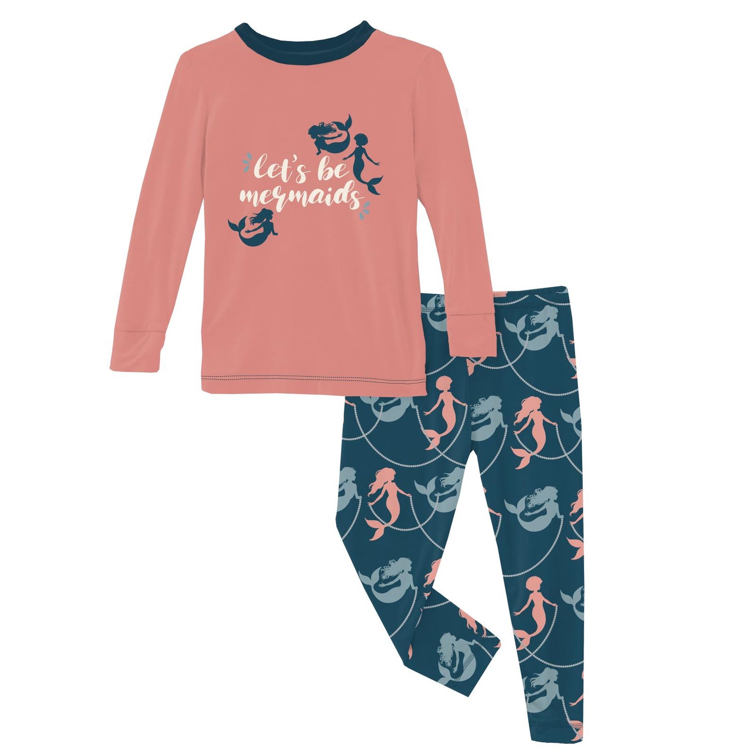 Long Sleeve Graphic Tee Pajama Set in Peacock Mermaids & Pearls