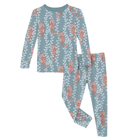 Print Long Sleeve Pajama Set in Stormy Sea Seahorses