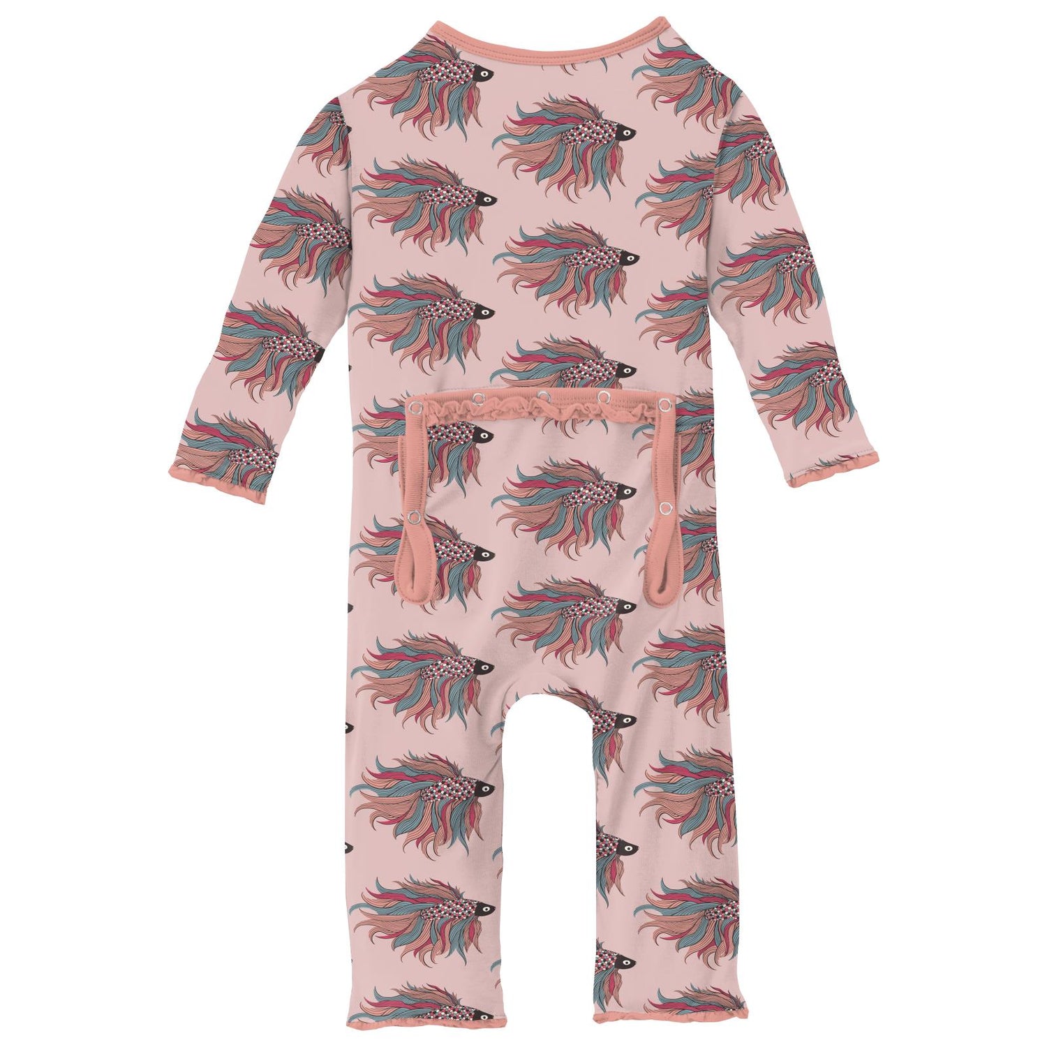 Print Muffin Ruffle Coverall with 2 Way Zipper in Baby Rose Rainbow Fish