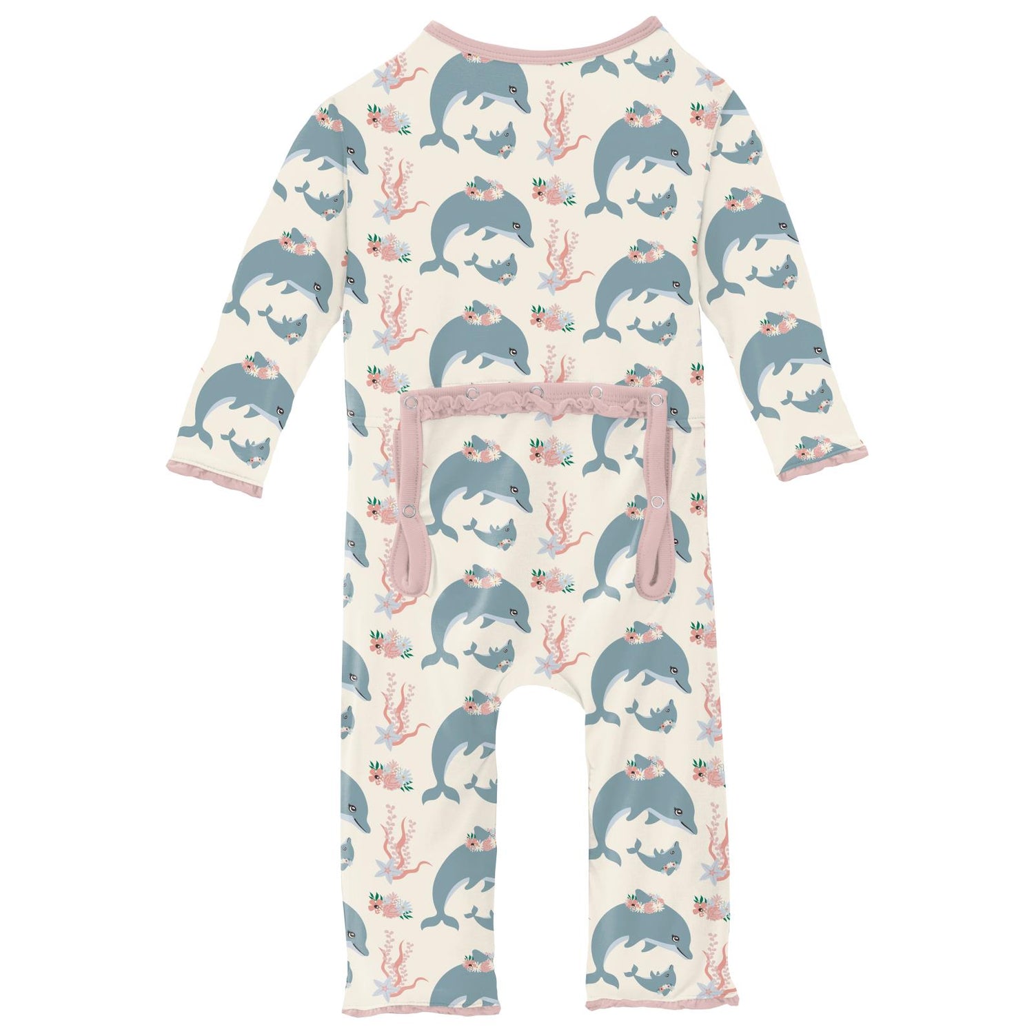 Print Muffin Ruffle Coverall with 2 Way Zipper in Natural Dolphins