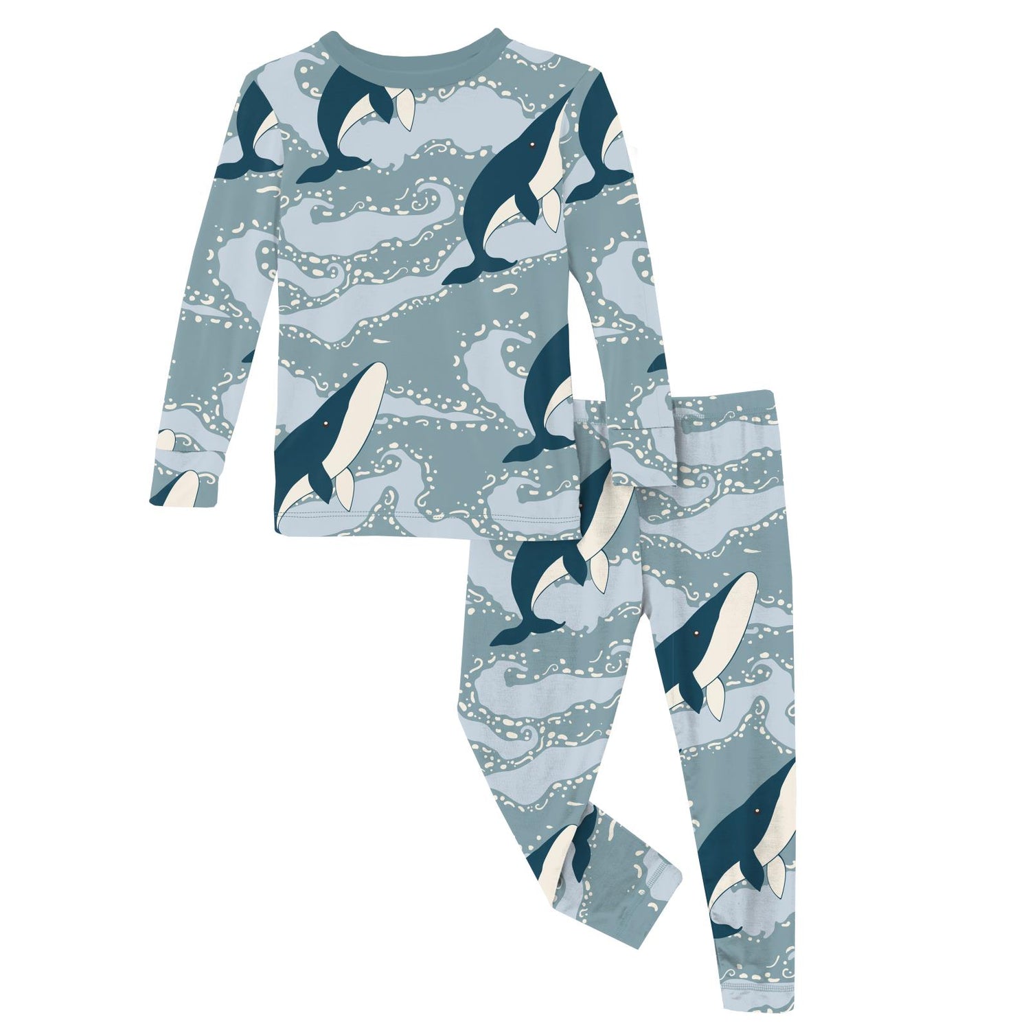 Print Long Sleeve Pajama Set in Stormy Sea Splashing Whales