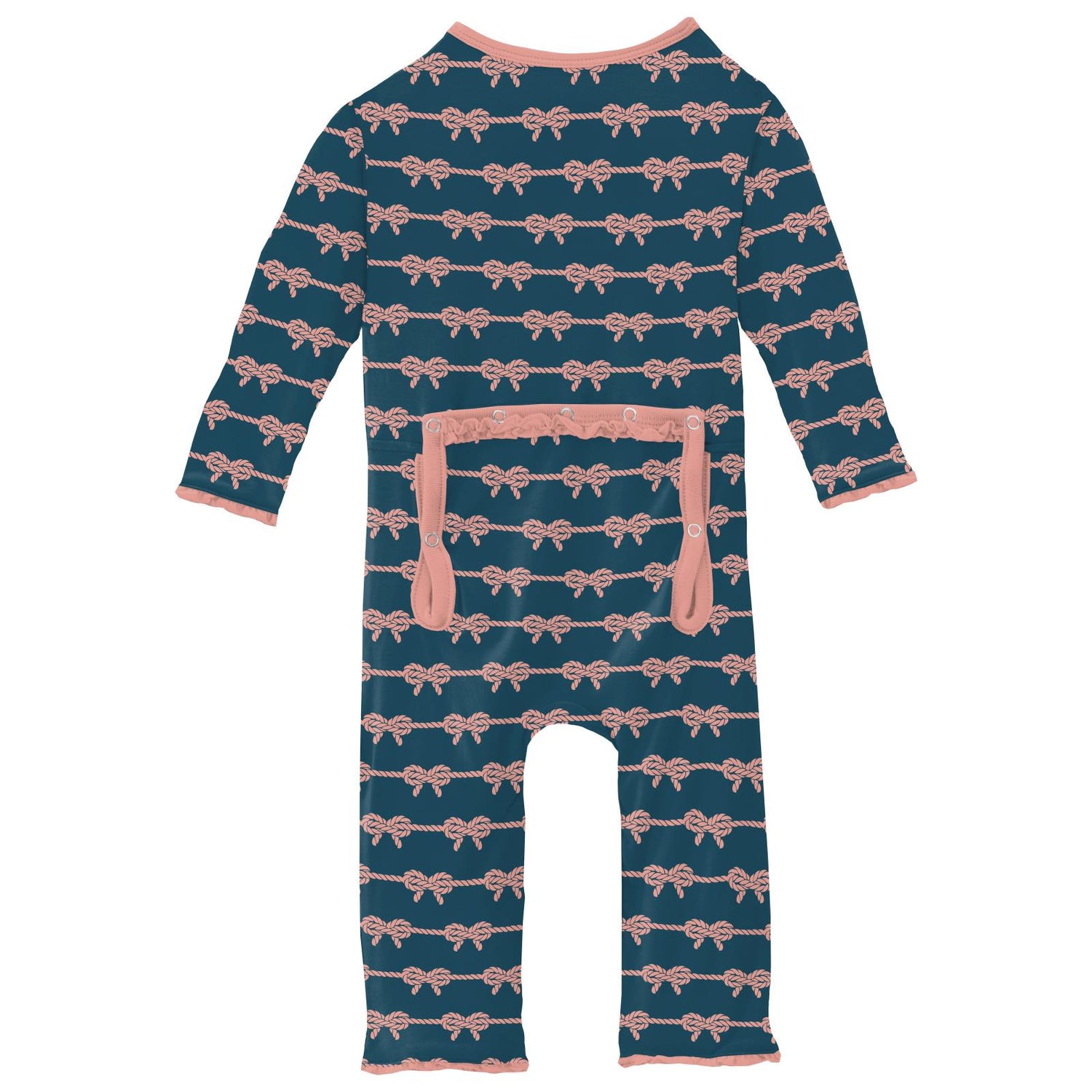 Print Muffin Ruffle Coverall with 2 Way Zipper in Peacock Boat Rope Bows