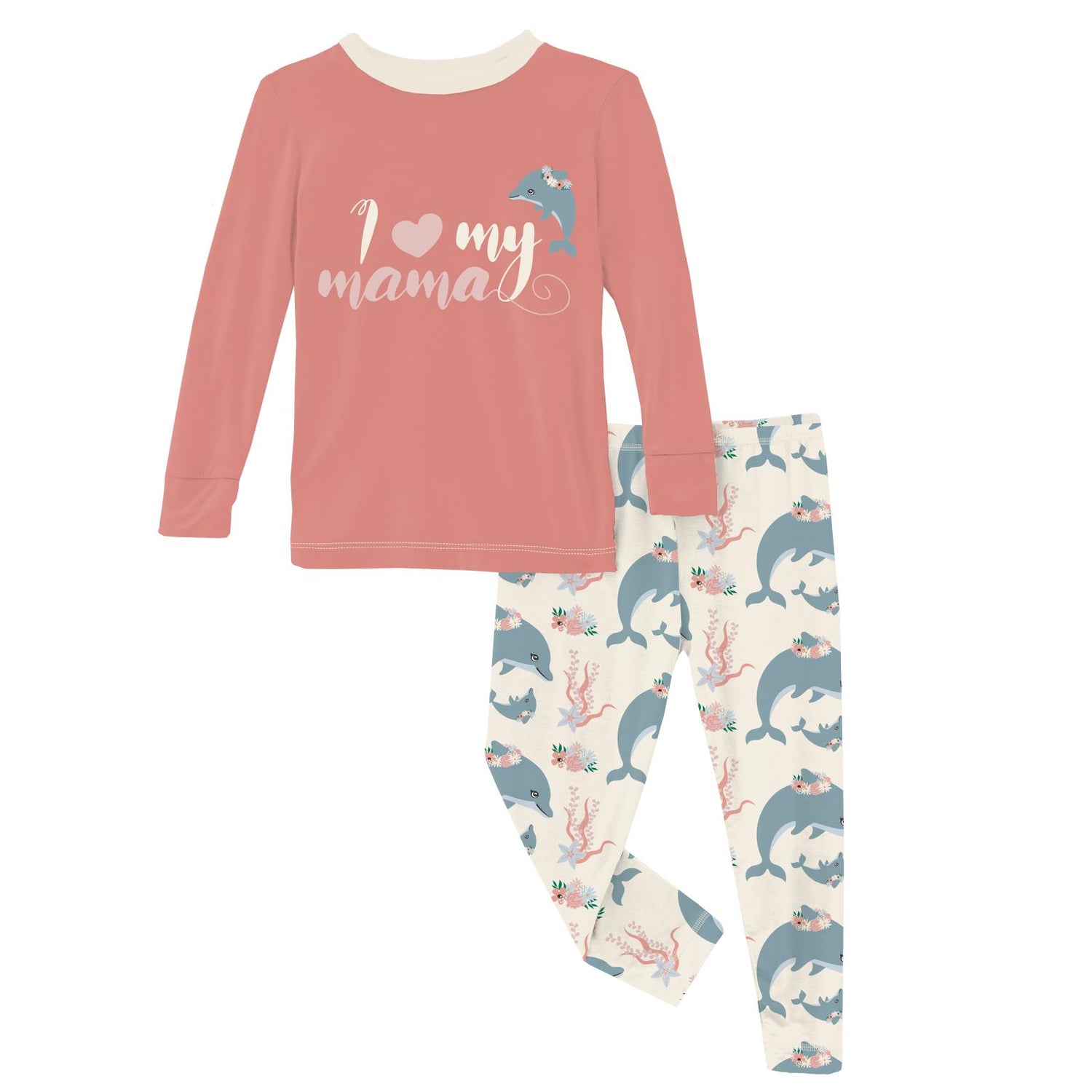 Long Sleeve Graphic Tee Pajama Set in Natural Dolphins