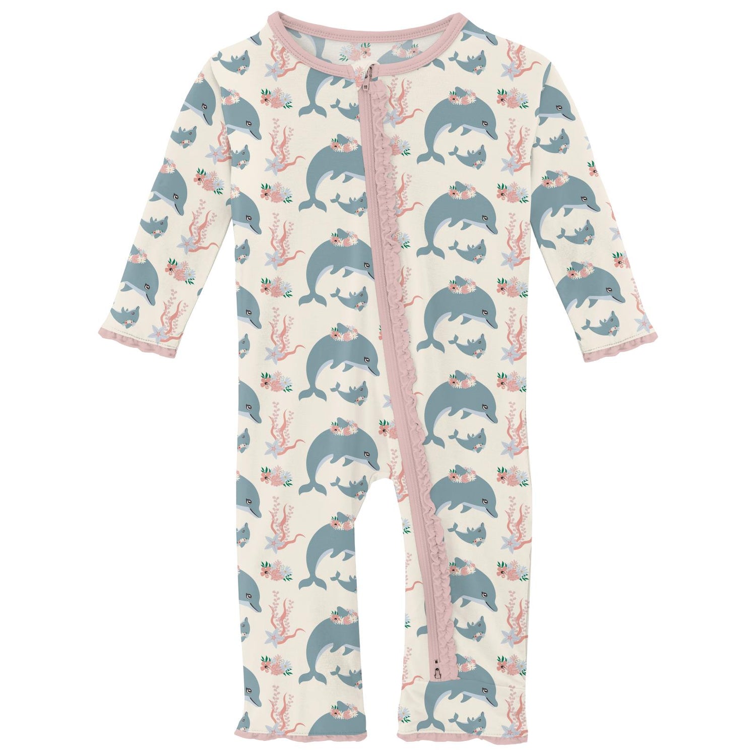 Print Muffin Ruffle Coverall with 2 Way Zipper in Natural Dolphins