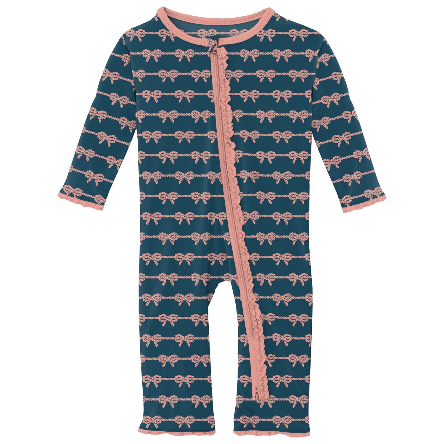 Print Muffin Ruffle Coverall with 2 Way Zipper in Peacock Boat Rope Bows