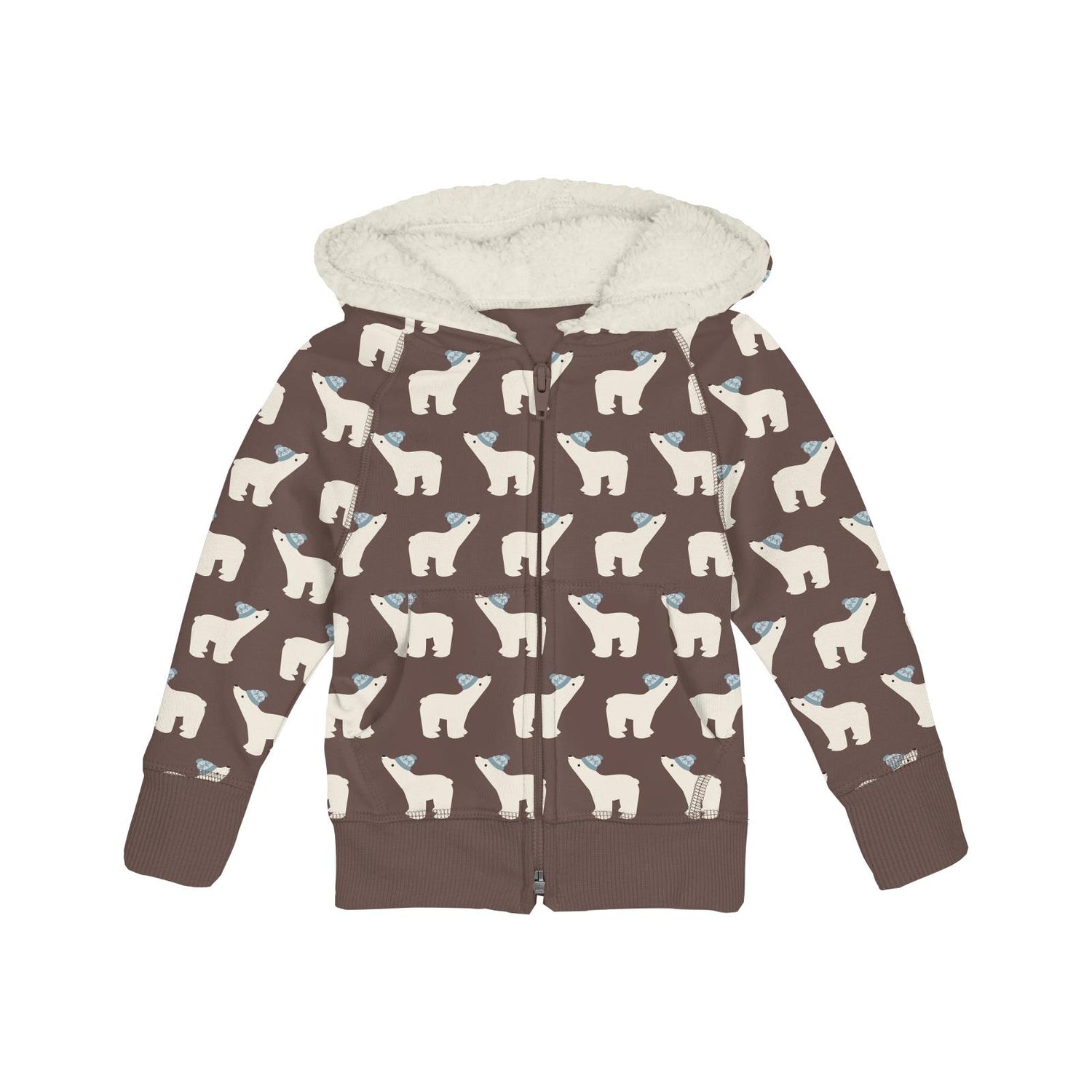 Print Fleece Zip-Front Hoodie with Sherpa-lined Hood in Coffee Polar Bears