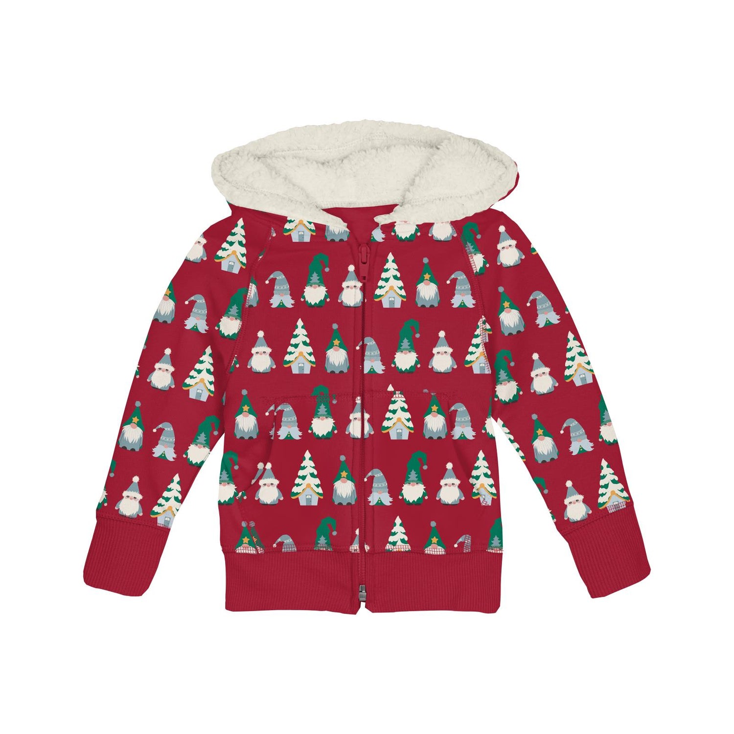 Print Fleece Zip-Front Hoodie with Sherpa-lined Hood in Crimson Gnomes