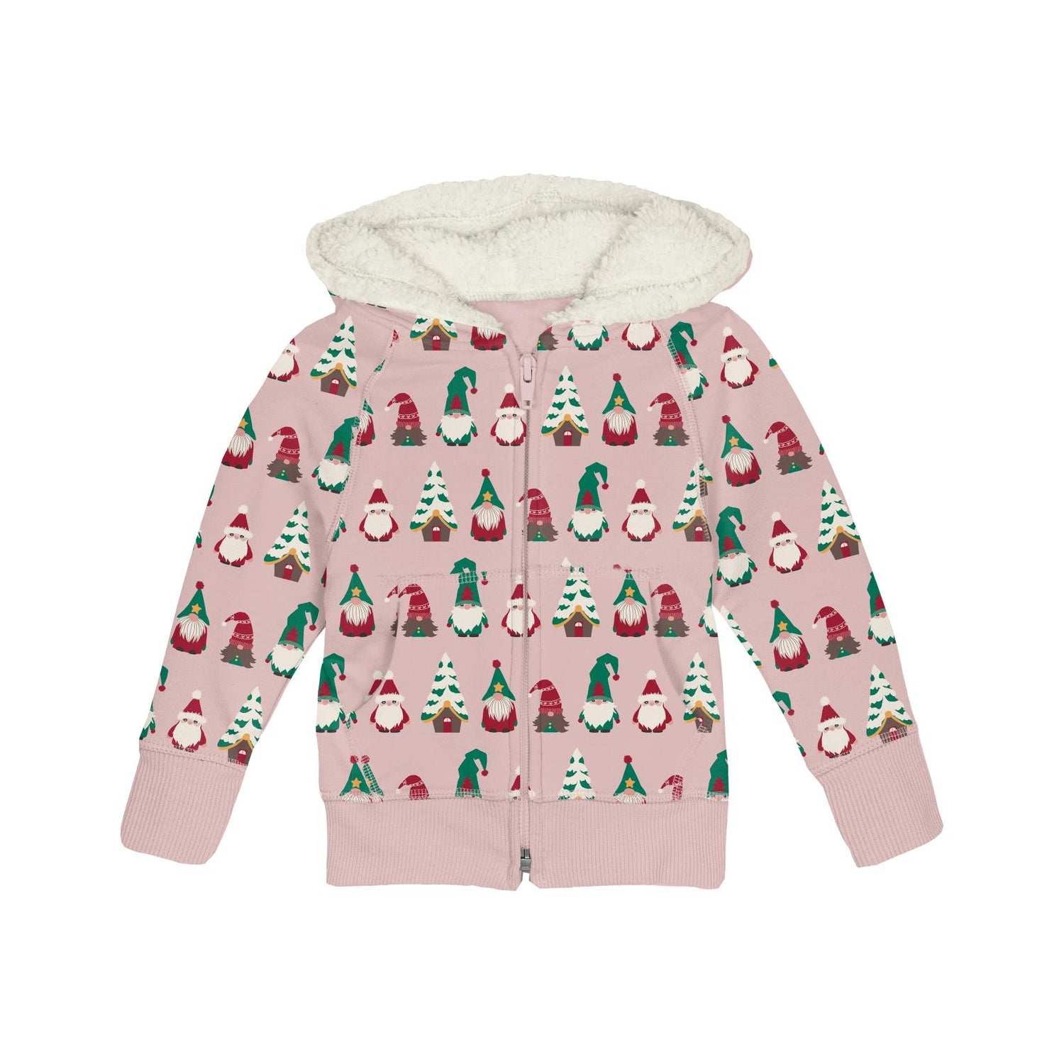 Print Fleece Zip-Front Hoodie with Sherpa-lined Hood in Baby Rose Gnomes