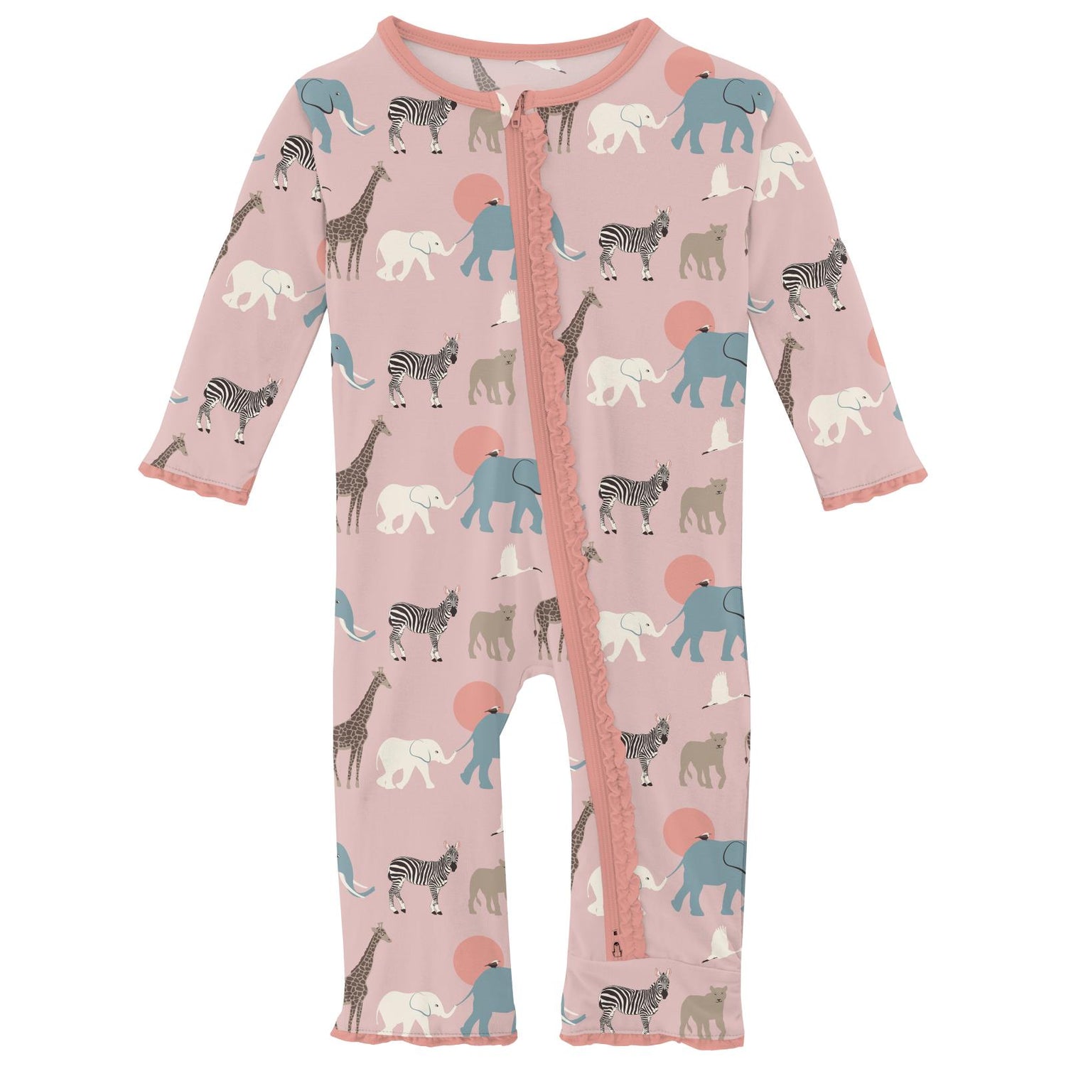 Print Muffin Ruffle Coverall with 2 Way Zipper in Baby Rose Just So Animals