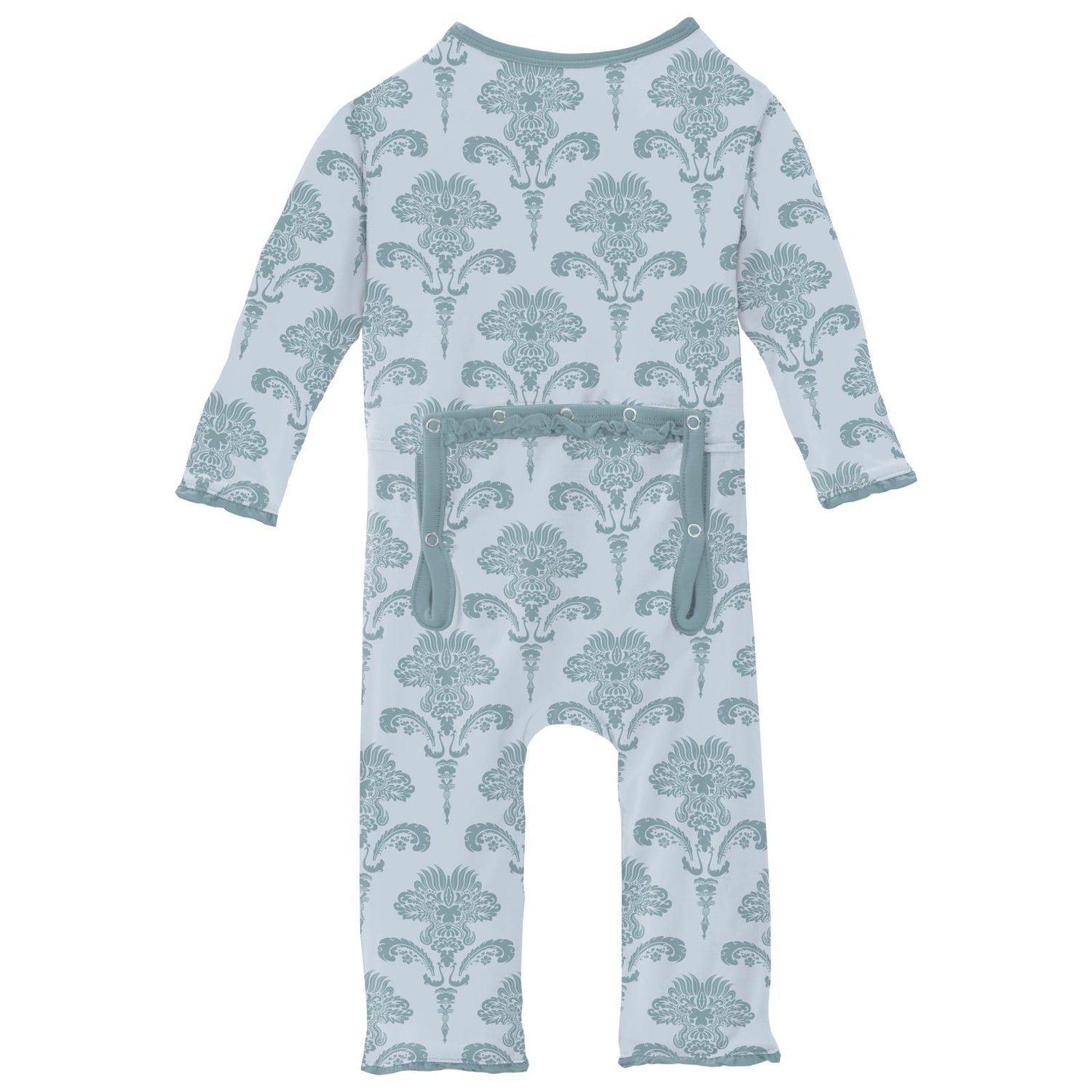 Print Muffin Ruffle Coverall with 2 Way Zipper in Illusion Blue Damask