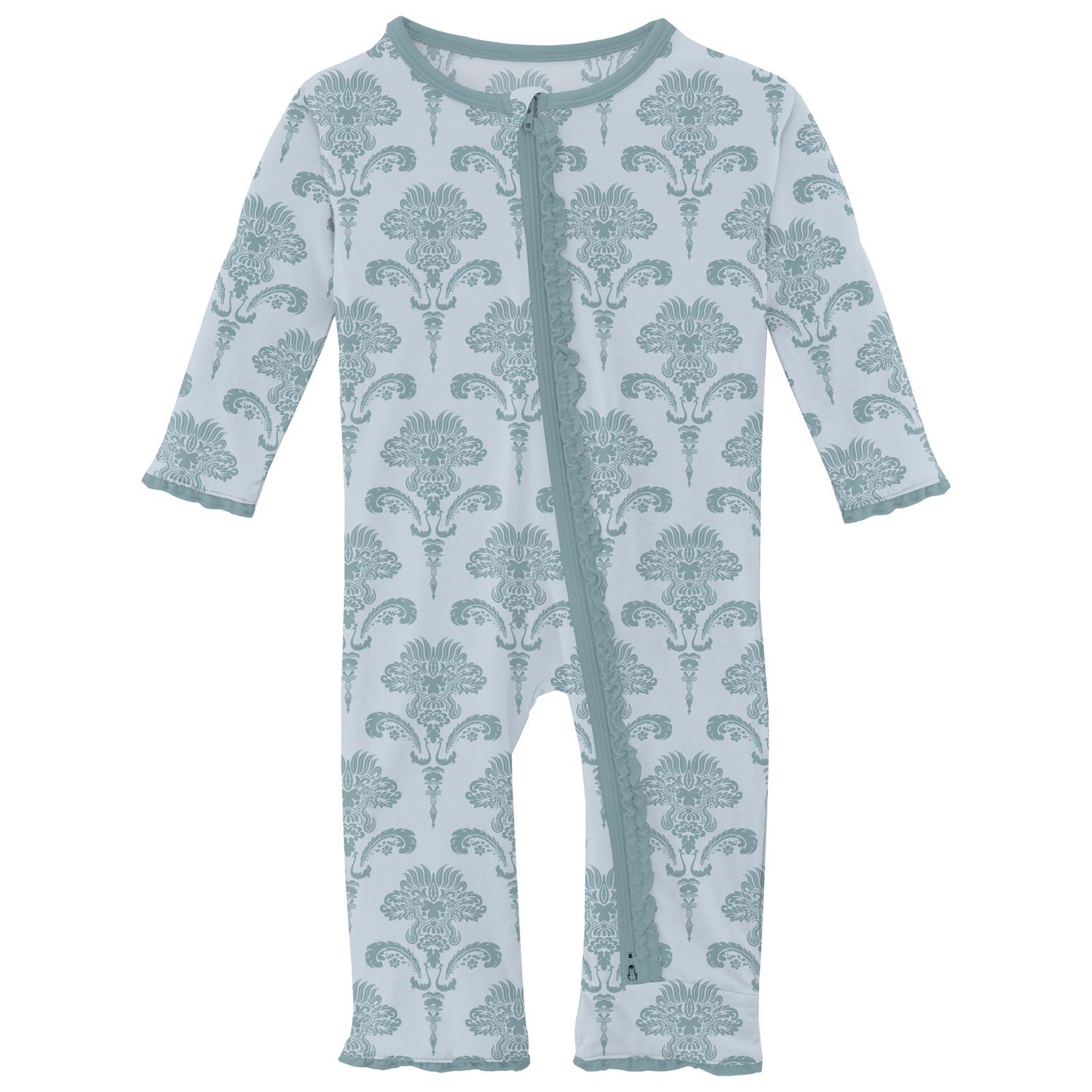 Print Muffin Ruffle Coverall with 2 Way Zipper in Illusion Blue Damask