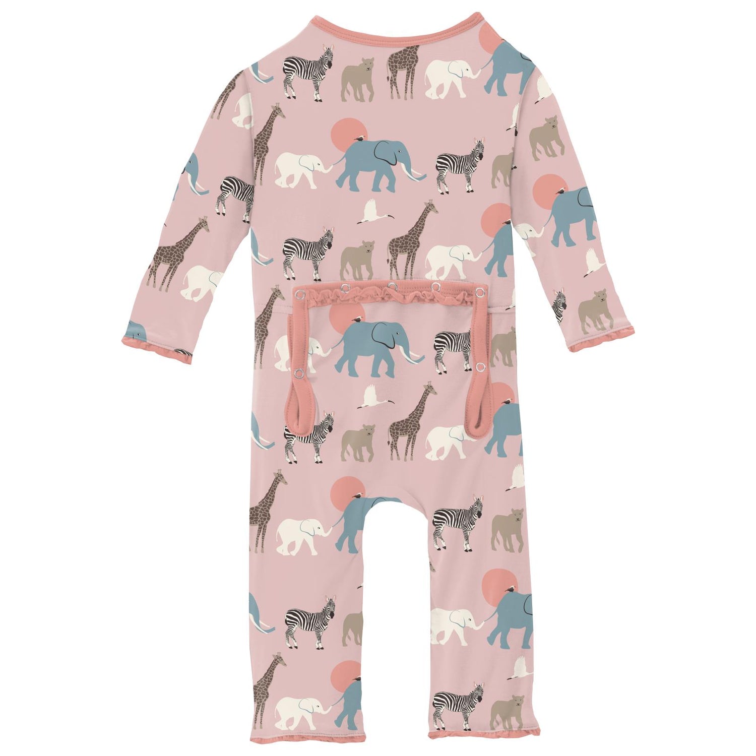 Print Muffin Ruffle Coverall with 2 Way Zipper in Baby Rose Just So Animals