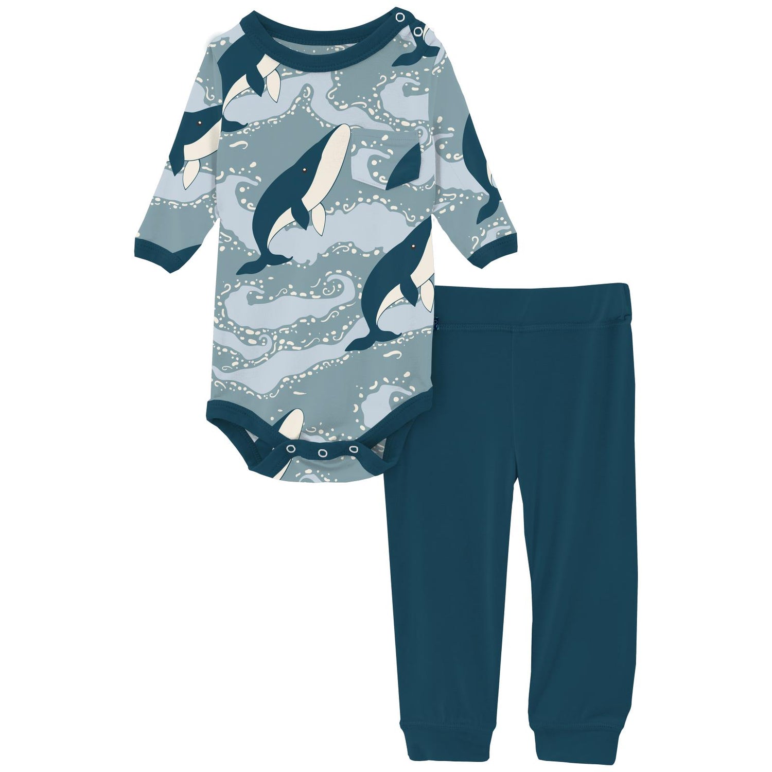 Print Long Sleeve Pocket One Piece & Pants Outfit Set in Stormy Sea Splashing Whales