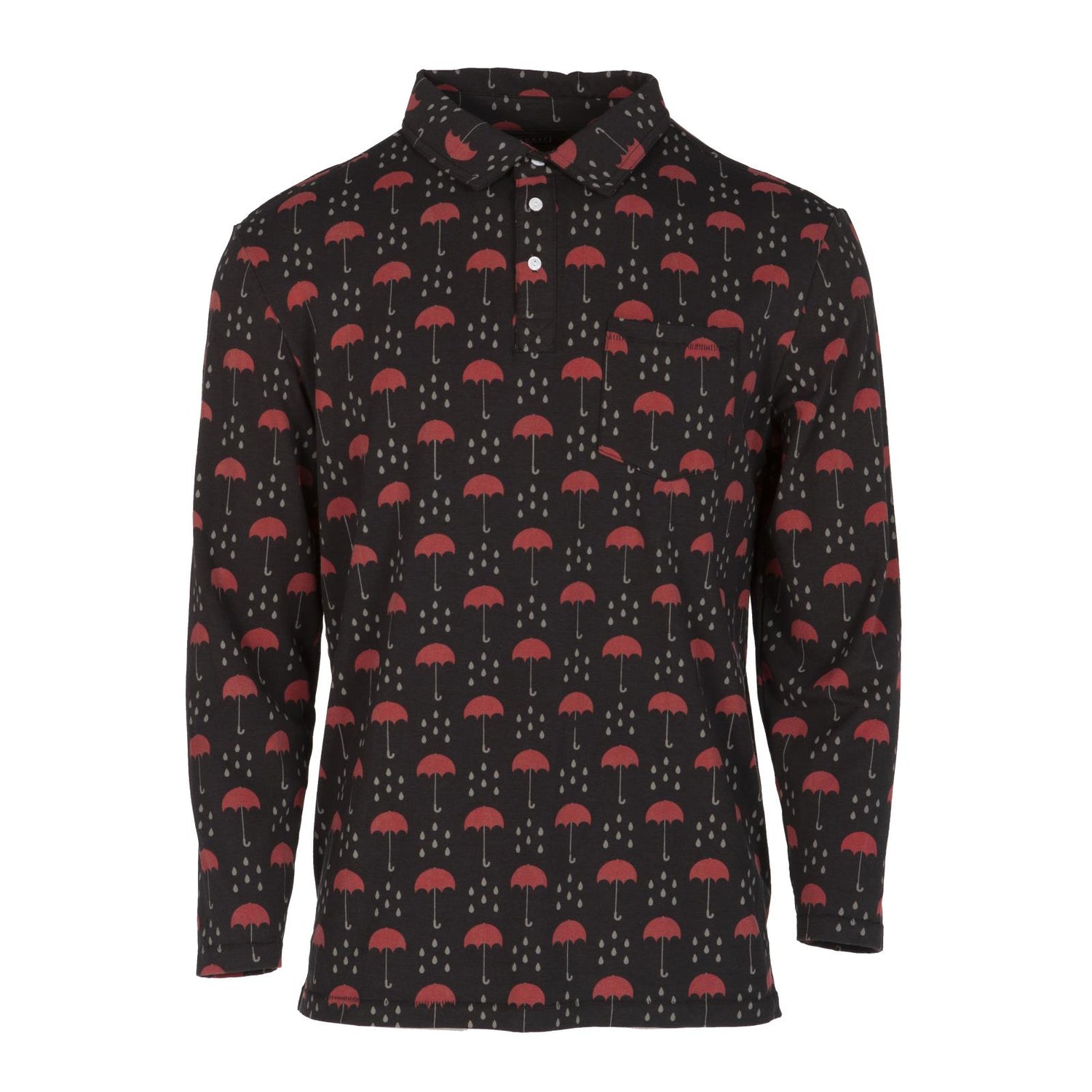Men's Print Long Sleeve Luxe Jersey Polo with Pocket in Umbrellas & Rain Clouds
