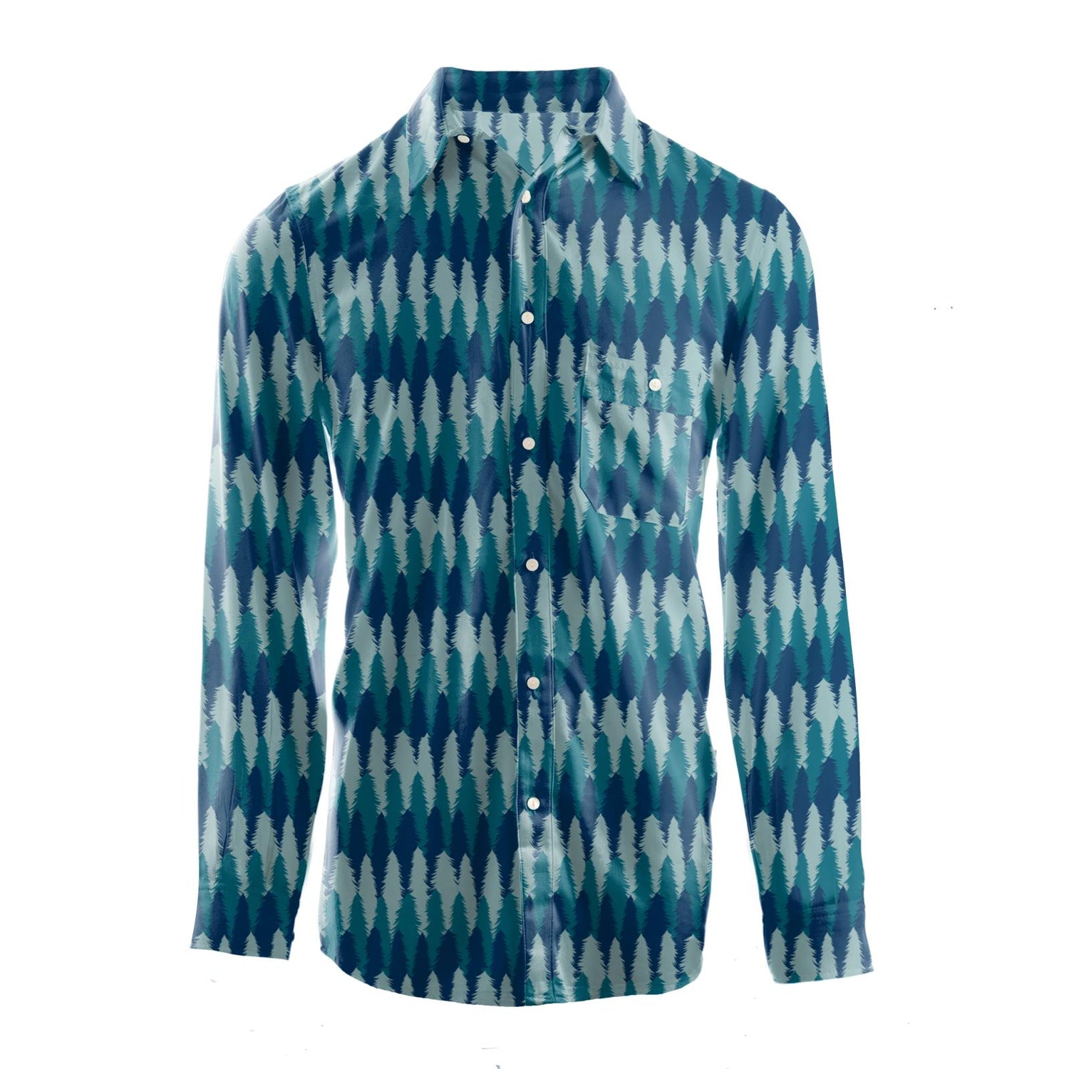 Men's Print Long Sleeve Woven Button-Down Shirt in Navy Forestry