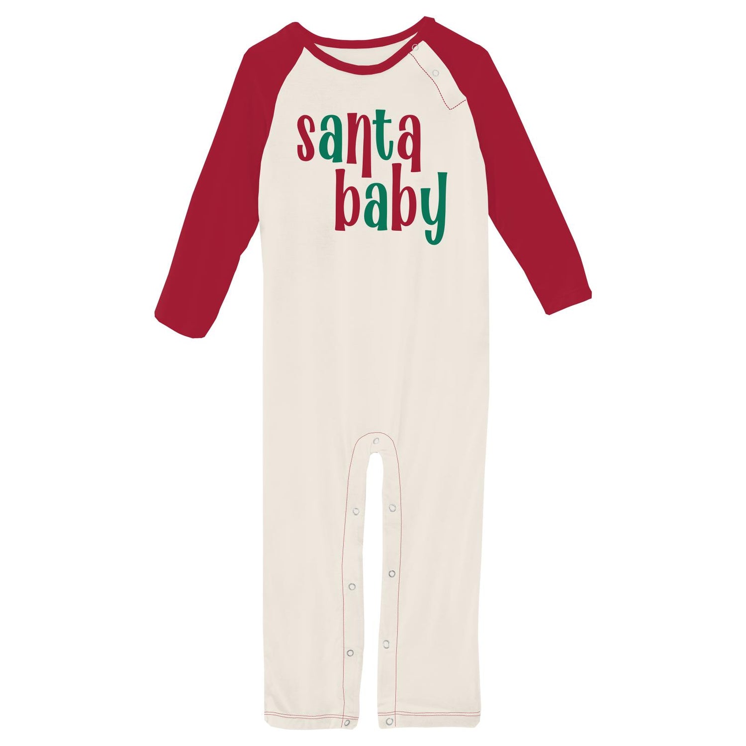 Long Sleeve Graphic Raglan Romper in Natural Santa Baby