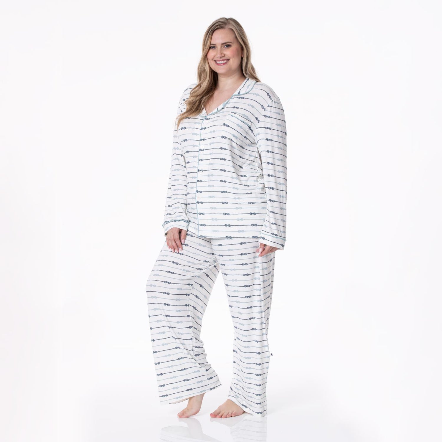 Women's Print Long Sleeve Collared Pajama Set in Natural Boat Rope