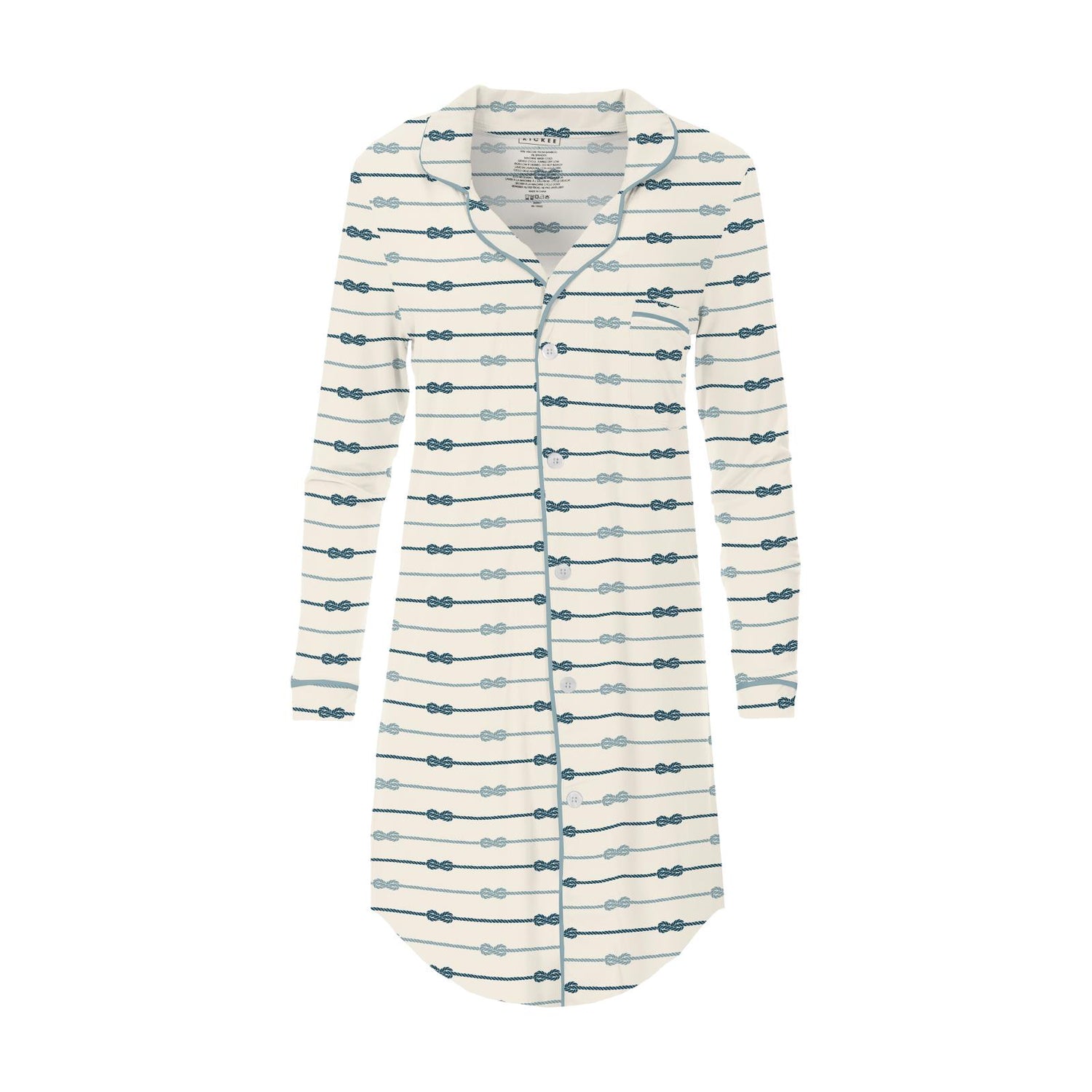 Women's Print Long Sleeve Button Down Nightshirt in Natural Boat Rope