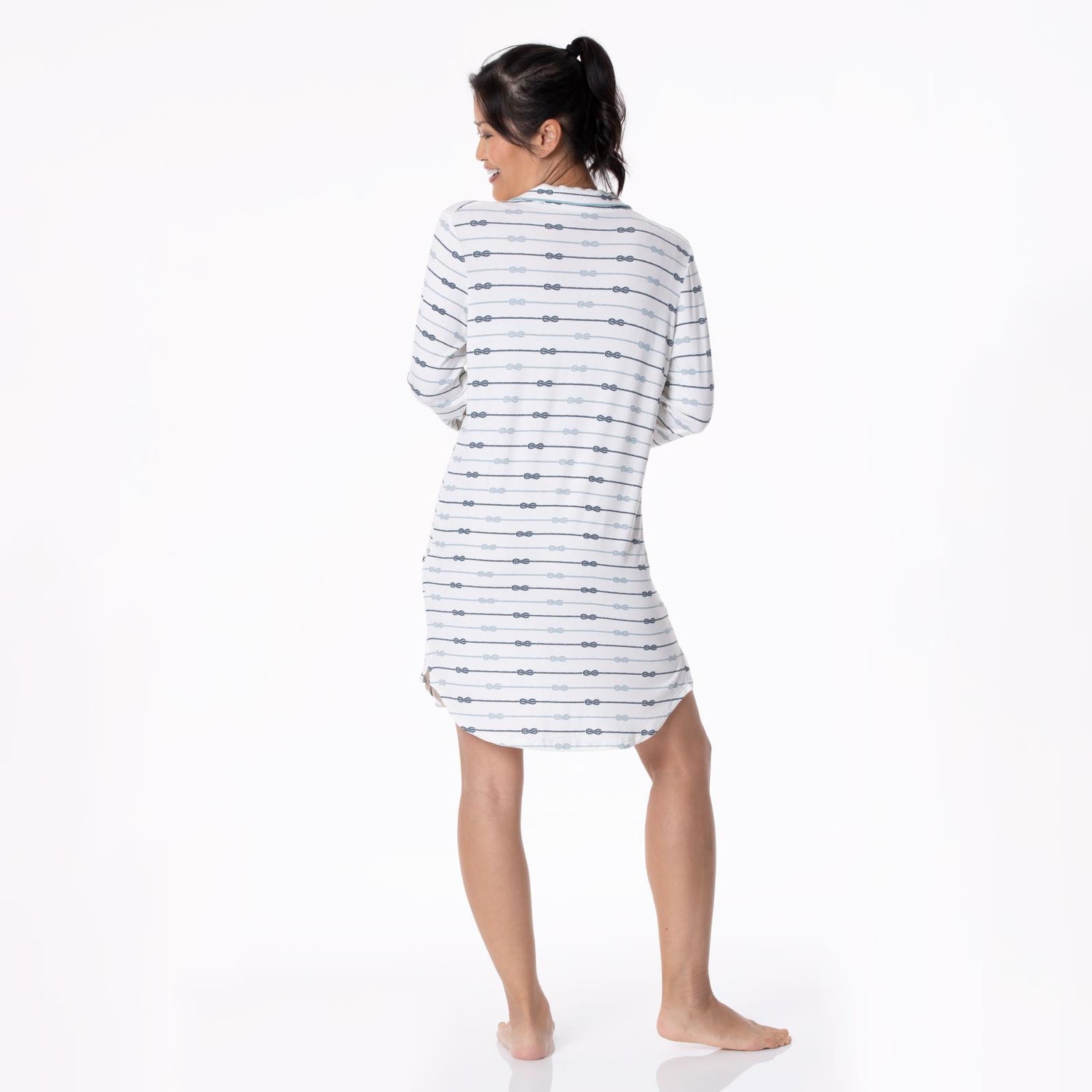 Women's Print Long Sleeve Button Down Nightshirt in Natural Boat Rope