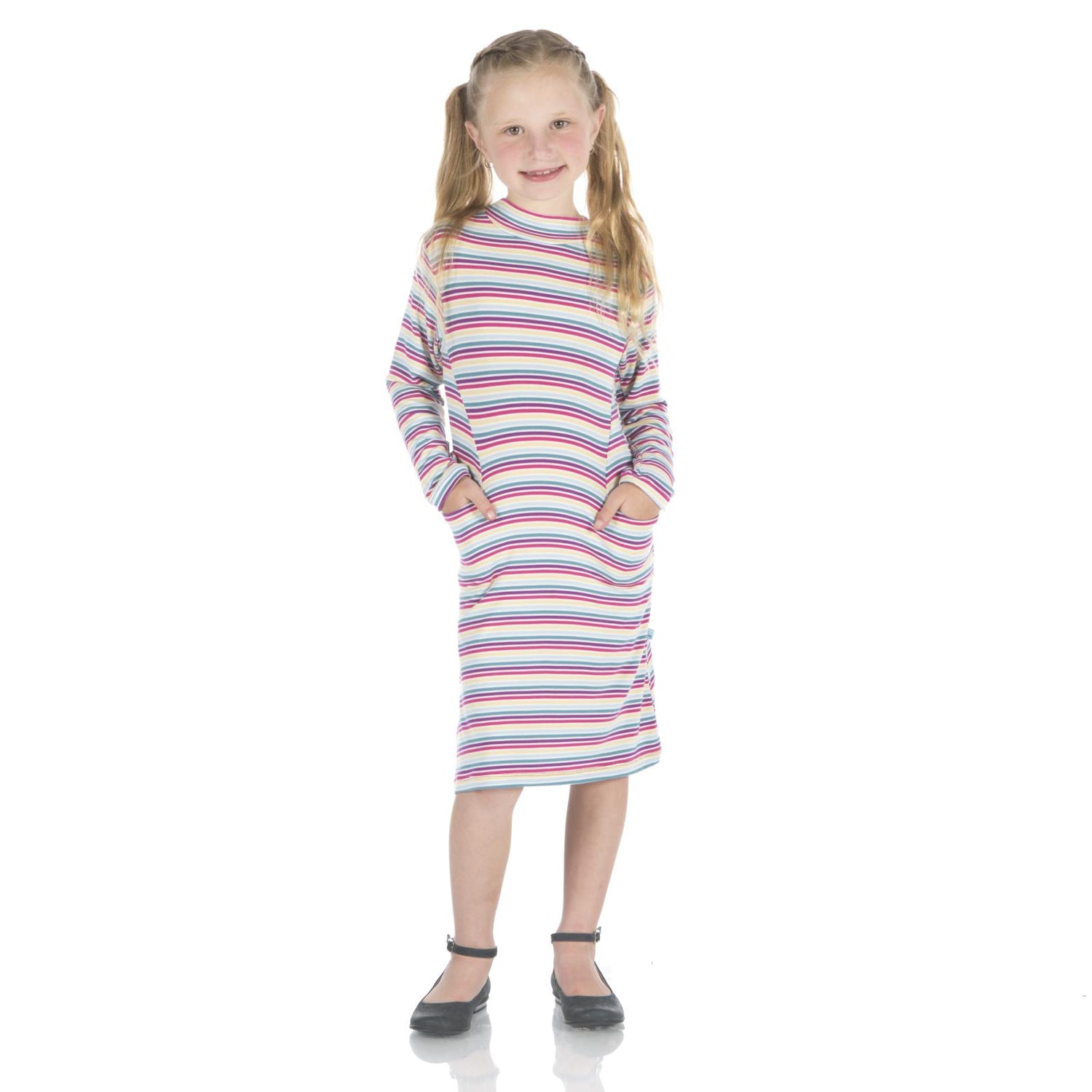 Print Long Sleeve Mock Turtleneck Dress in Girl Perth Stripe