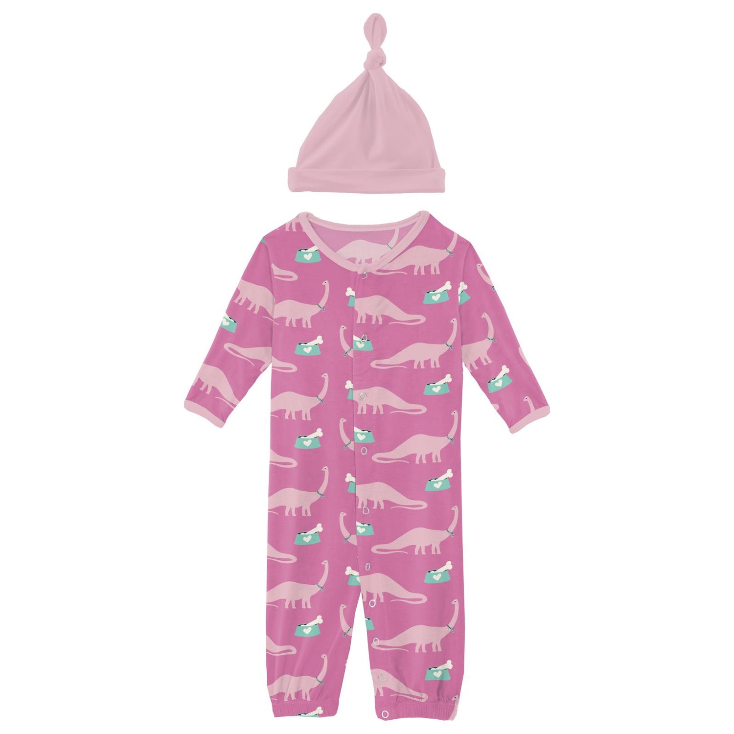 Print Layette Gown Converter & Single Knot Hat Set in Tulip Pet Dino