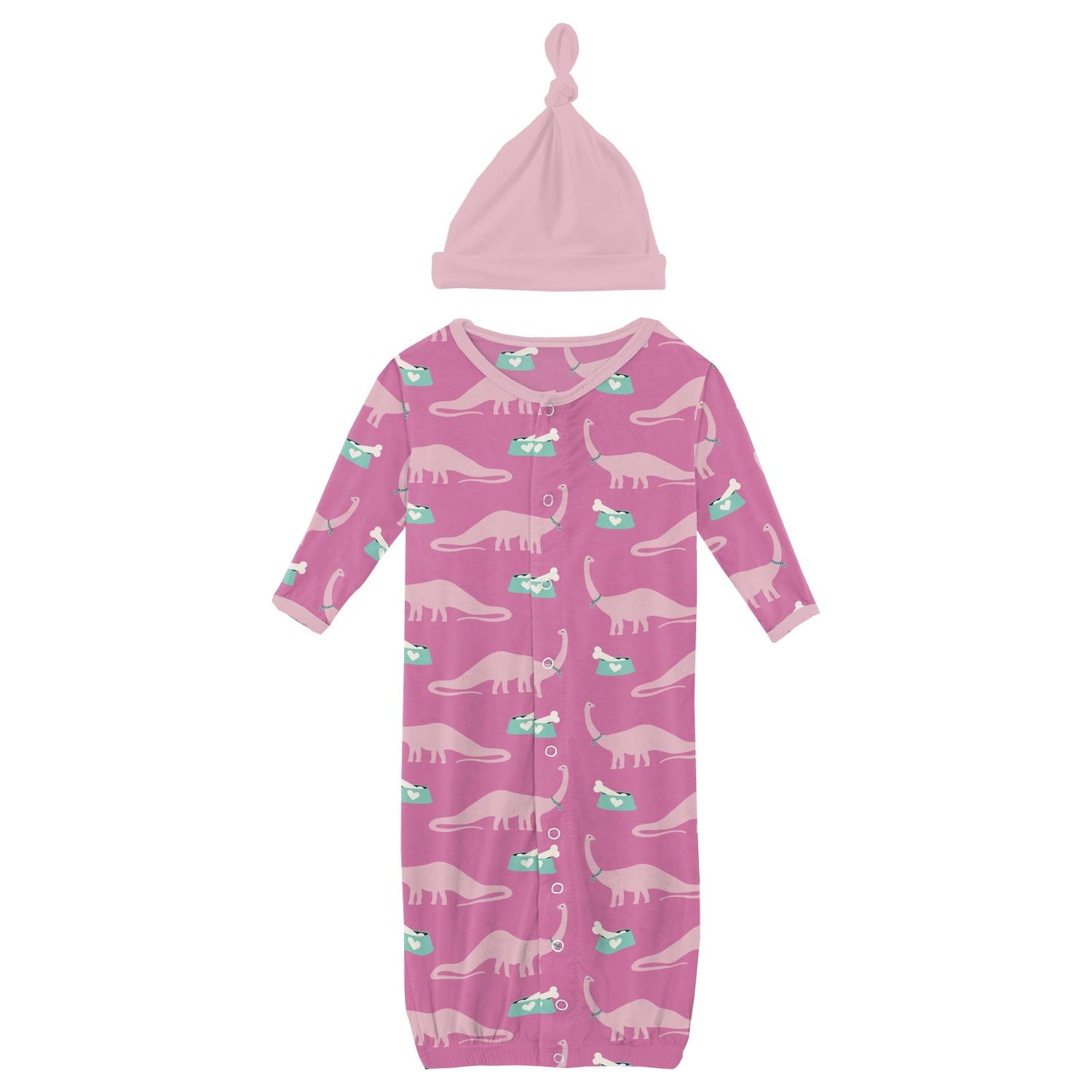 Print Layette Gown Converter & Single Knot Hat Set in Tulip Pet Dino