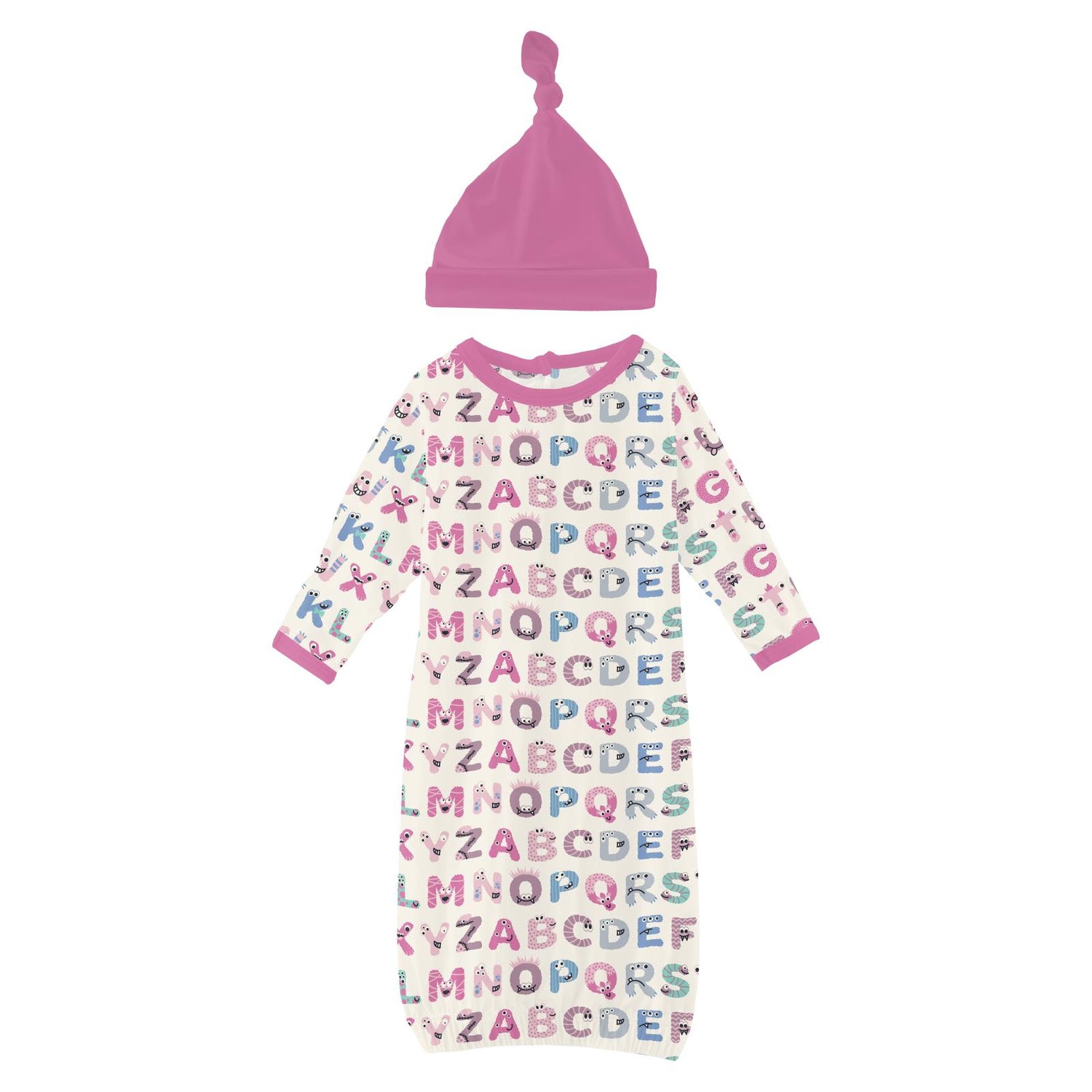 Print Layette Gown & Single Knot Hat Set in Natural ABC Monsters