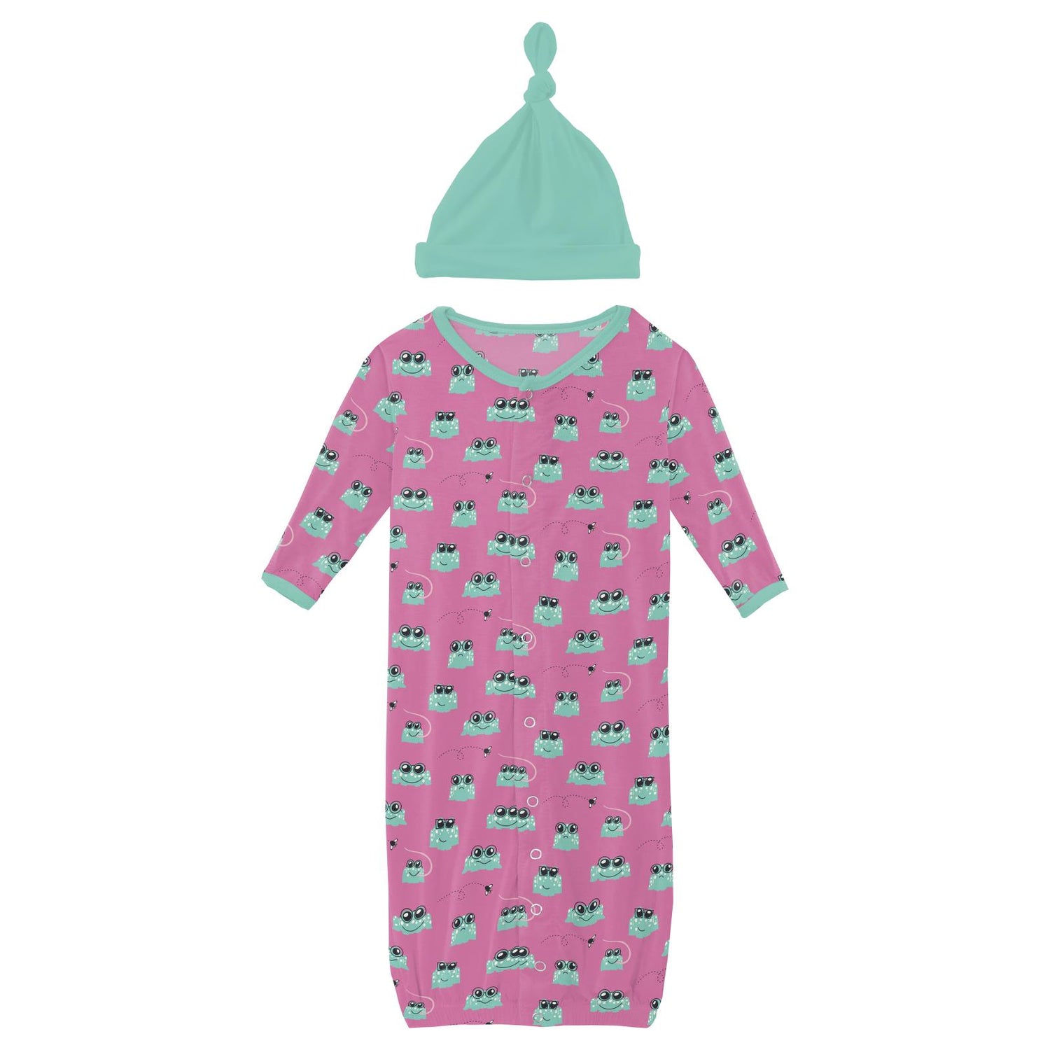 Print Layette Gown Converter & Single Knot Hat Set in Tulip Bespeckled Frogs