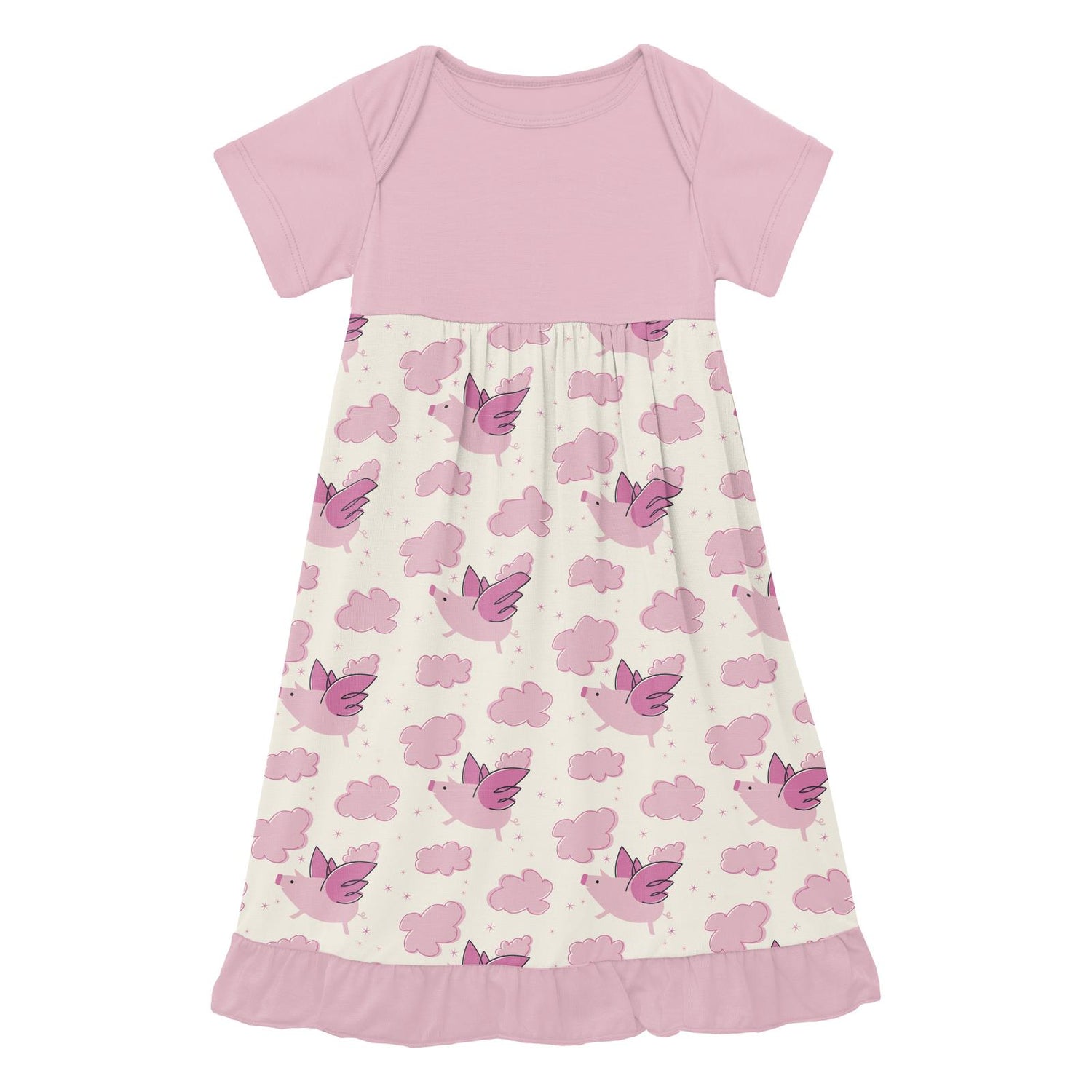 Print Short Sleeve One Piece Dress Romper in Natural Flying Pigs