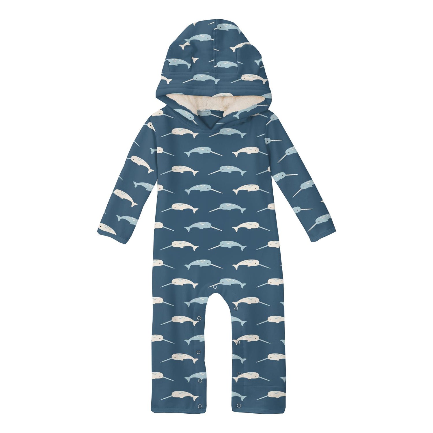 Print Pull-Over Fleece Coverall with Sherpa-Lined Hood and Ears in Deep Sea Narwhal