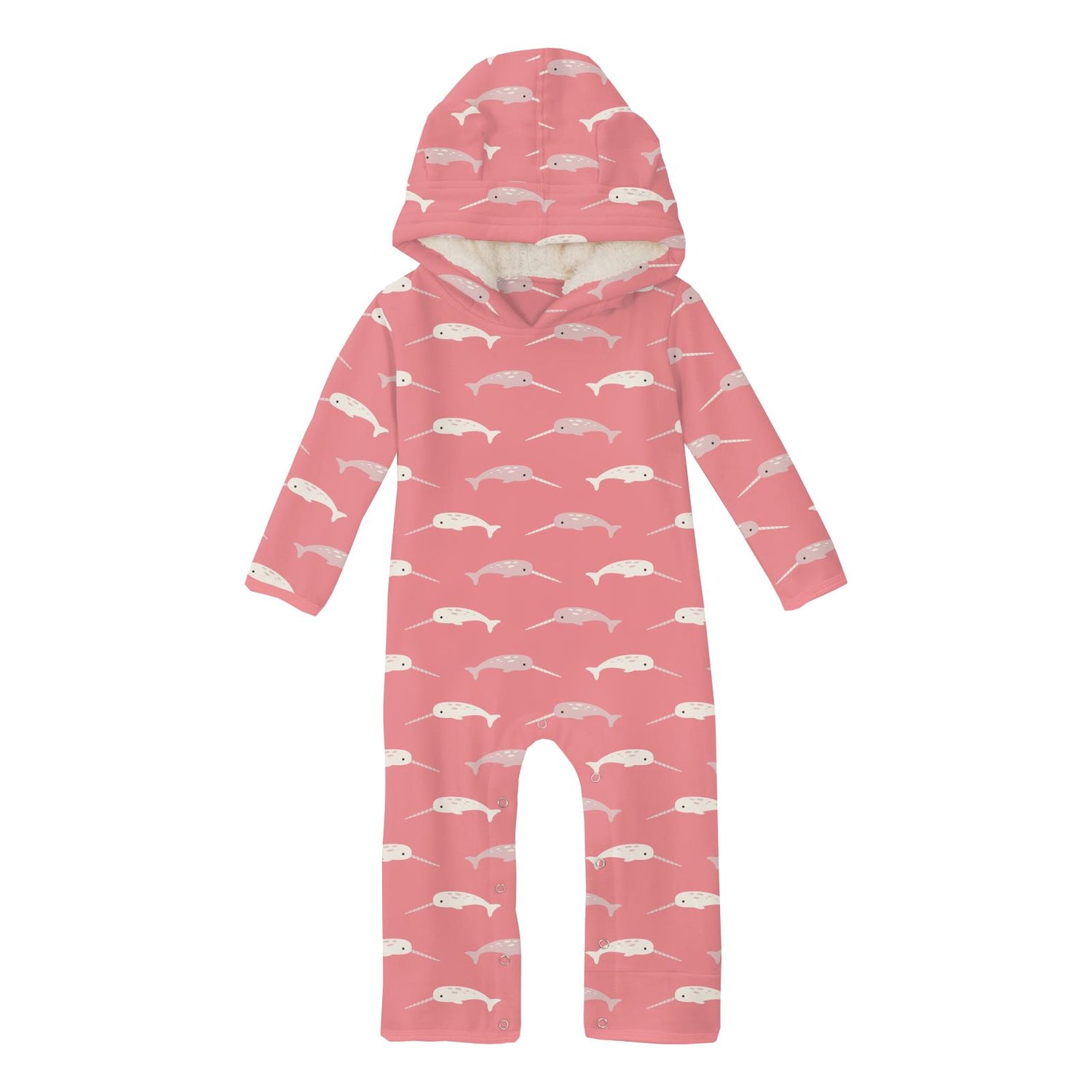 Print Pull-Over Fleece Coverall with Sherpa-Lined Hood and Ears in Strawberry Narwhal