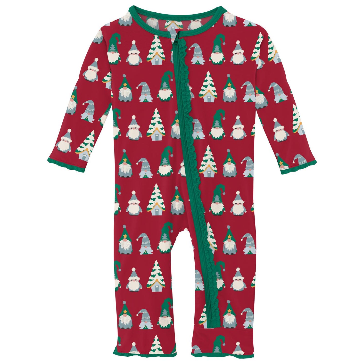 Print Muffin Ruffle Coverall with 2 Way Zipper in Crimson Gnomes