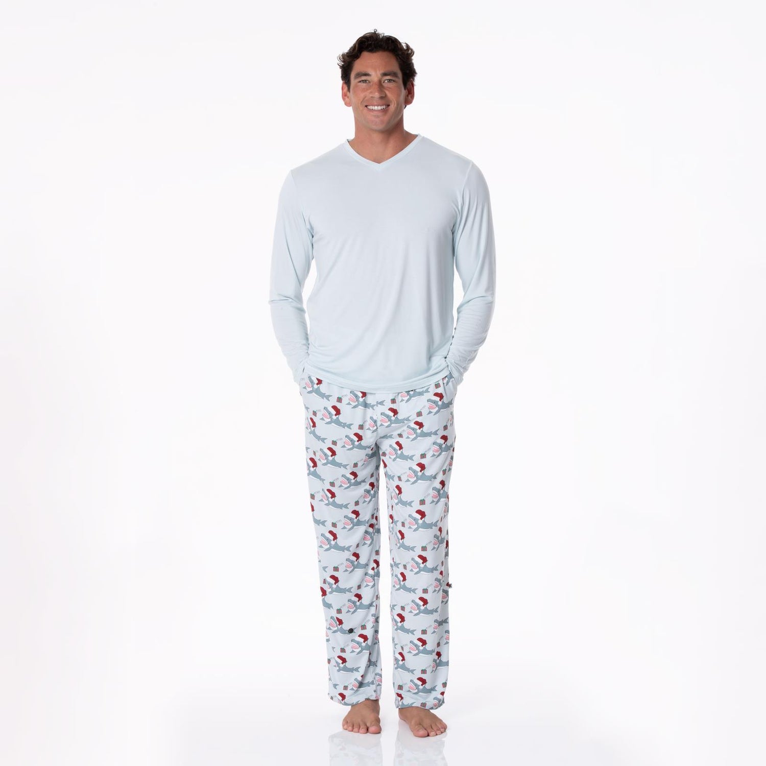 Men's Print Pajama Pants in Illusion Blue Holiday Sharks