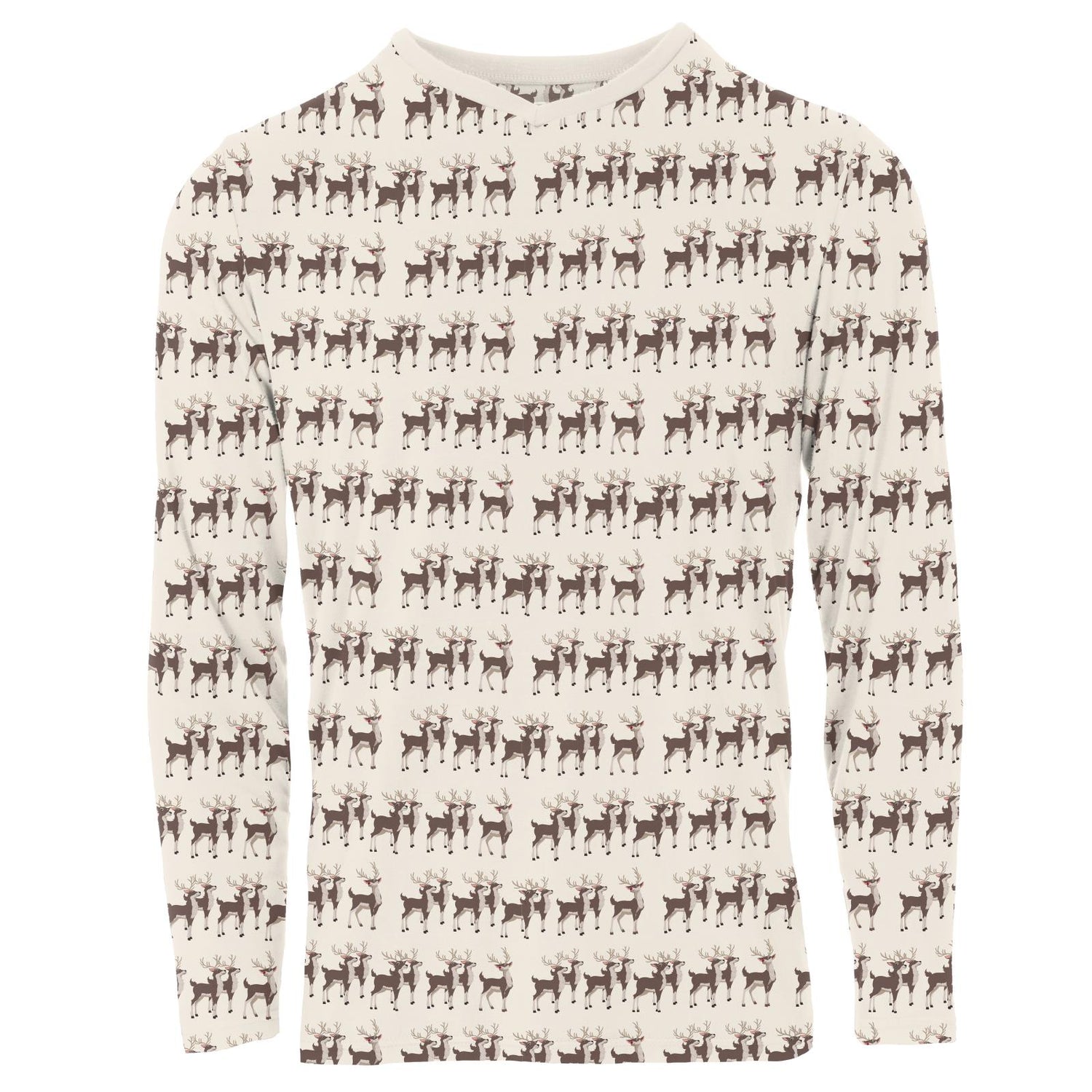 Men's Print Long Sleeve V-Neck Tee in Natural Rudolph