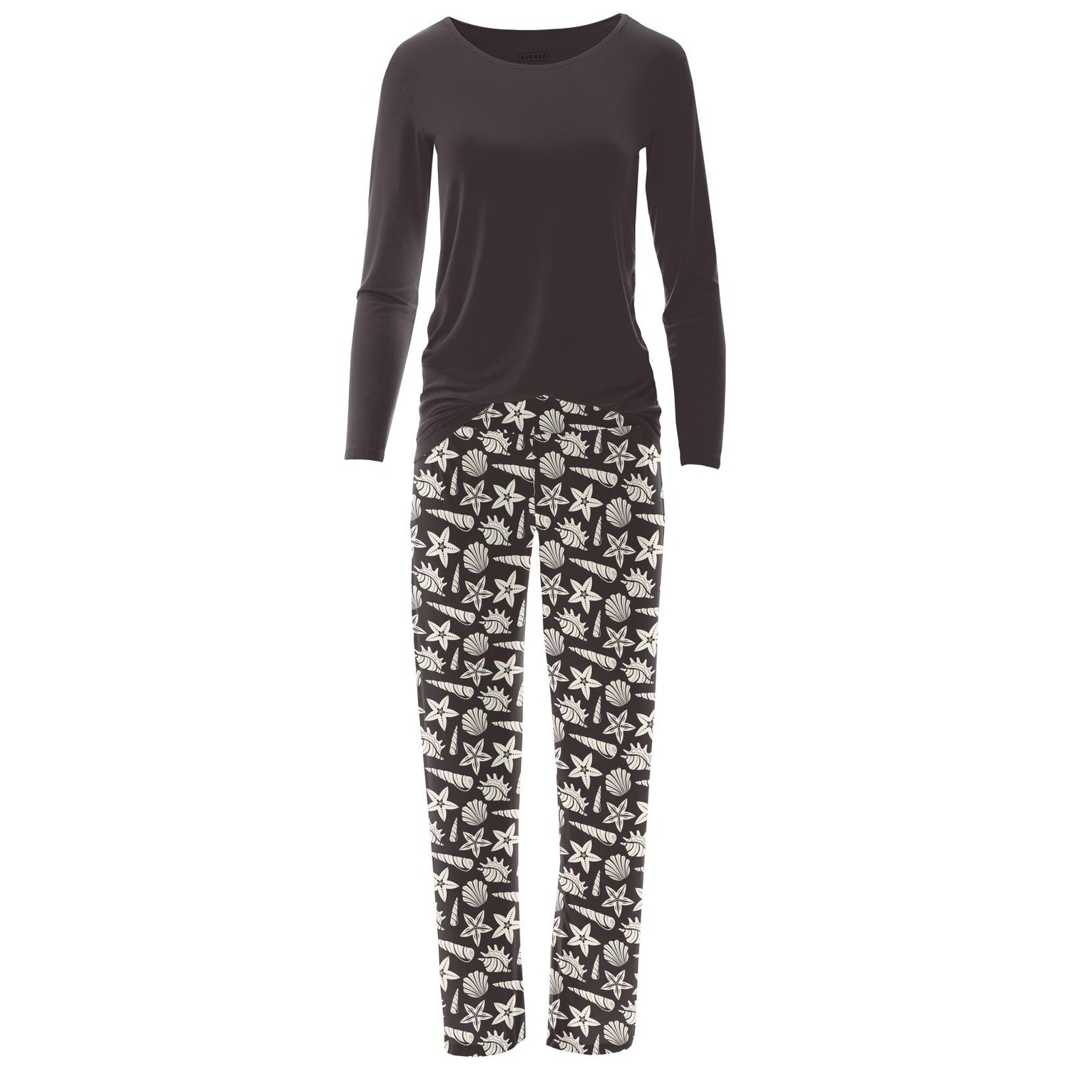 Women's Print Long Sleeve Relaxed Tee & Pajama Pants Set in Midnight Shells & Starfish